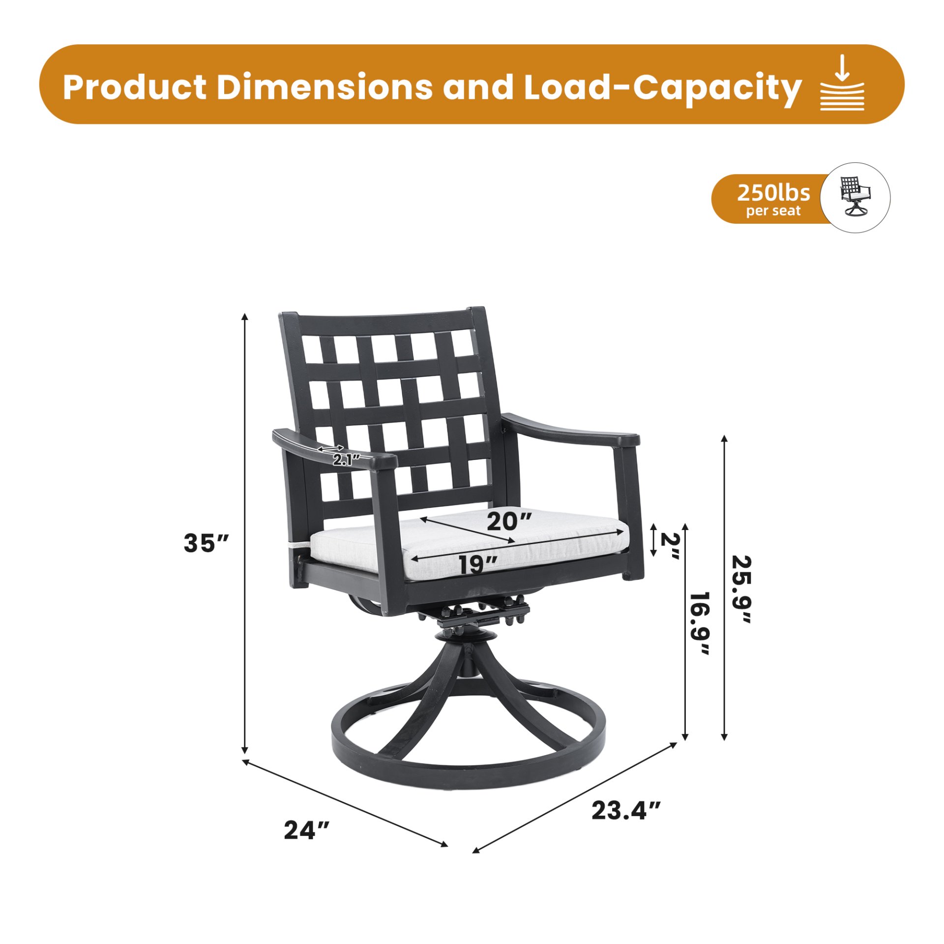 Modern Classic Outdoor Dining Swivel Rockers With Sunbrella Cushion, Lattice Design, Weather Resistant Frame (Set of 2) - Ember Black - Image 3