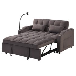 Modern Velvet Loveseat Futon Sofa W / Pullout Bed, Adjustable Reclining Backrest, Toss Pillows - Dark Gray
