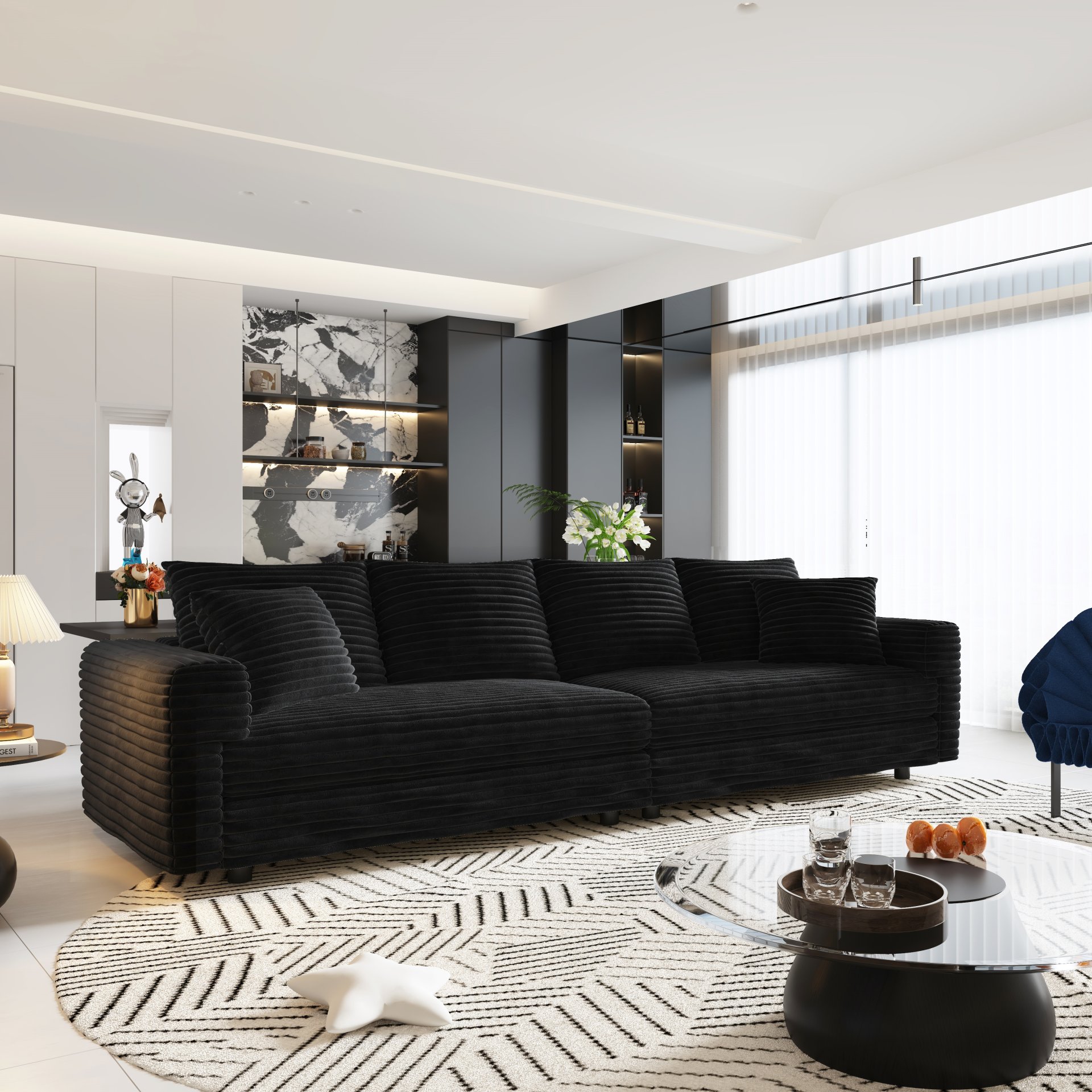 4 Seat Sofa, Deep Seat Couches With Soft Pillows And 3 Ottomans, Convertible Sofa Lounge Chair, For Living Room - Black - Image 11