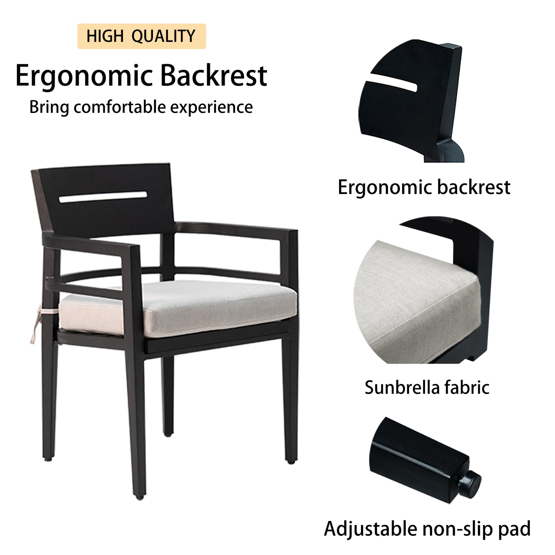 5 Piece Outdoor Patio Modern Dining Set, 4 Dining Chairs Sunbrella Fabric And Square Dining Table With Umbrella Hole - Ember Black - Image 2