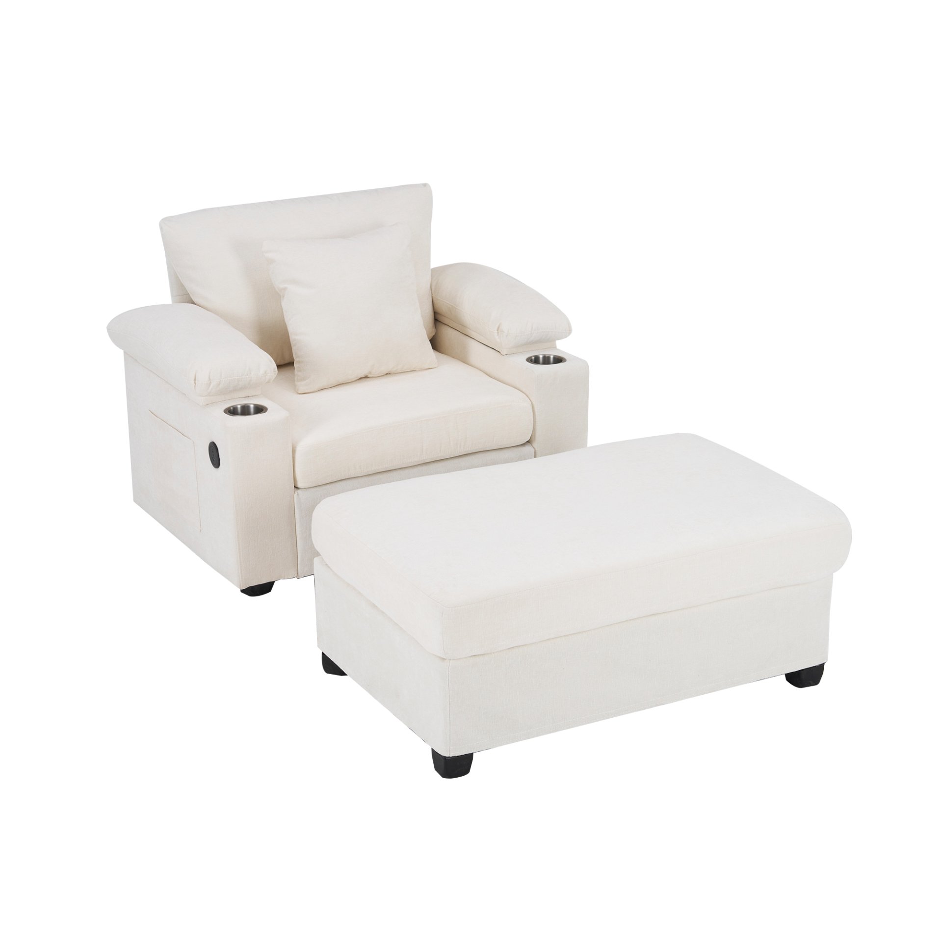 Modern Oversized Chair With Ottoman, Chenille Fabric Sofa Bed, Accent Chair Comfy Sofa With Cupholders And USB Charging Ports Chair For Living Room, Bedroom, Apartment - Beige - Image 11