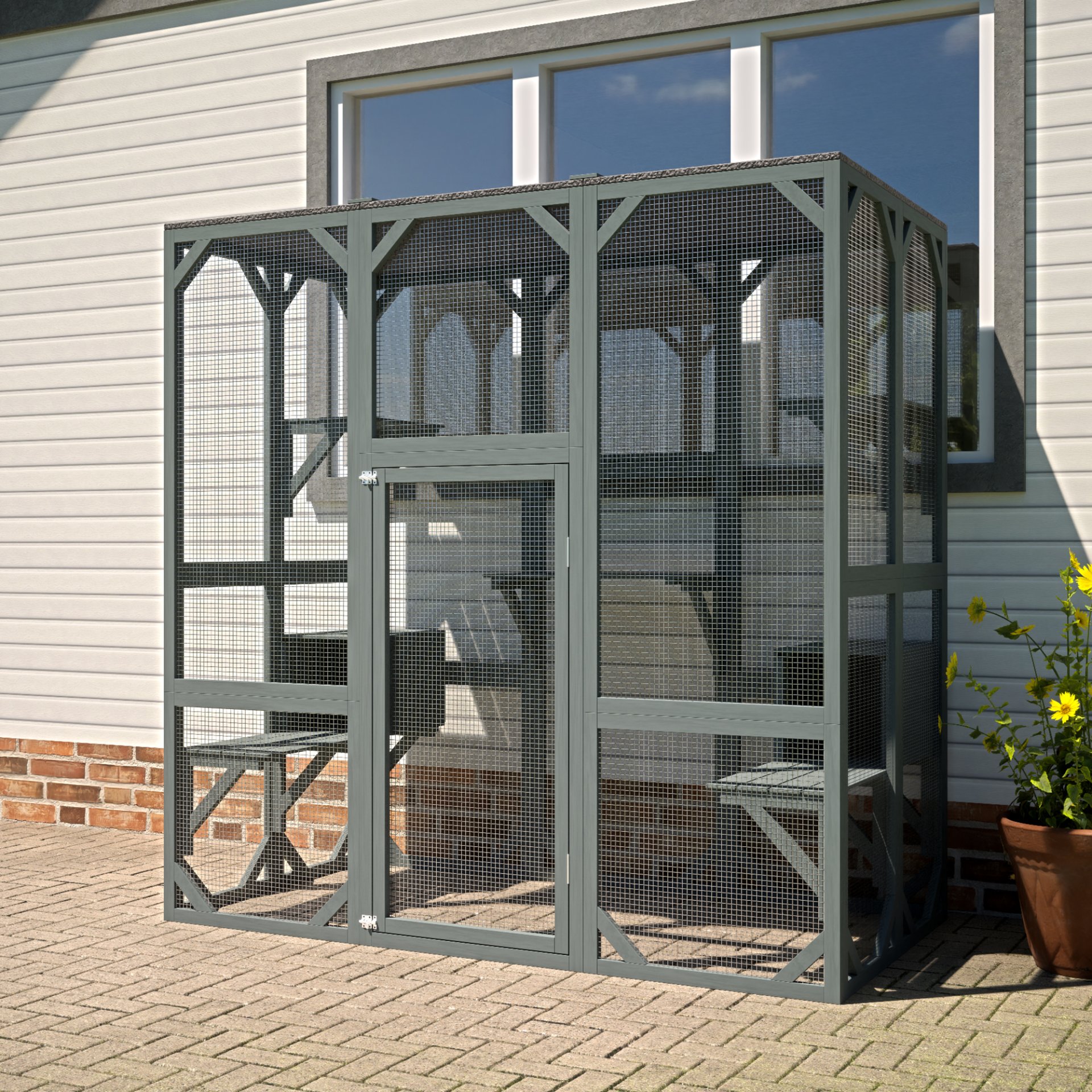 Outdoor Cat House Wooden Catio Enclosure With Cover - Large Cat Cage With Jump Platforms And Condos, Weatherproof - Gray - Image 2