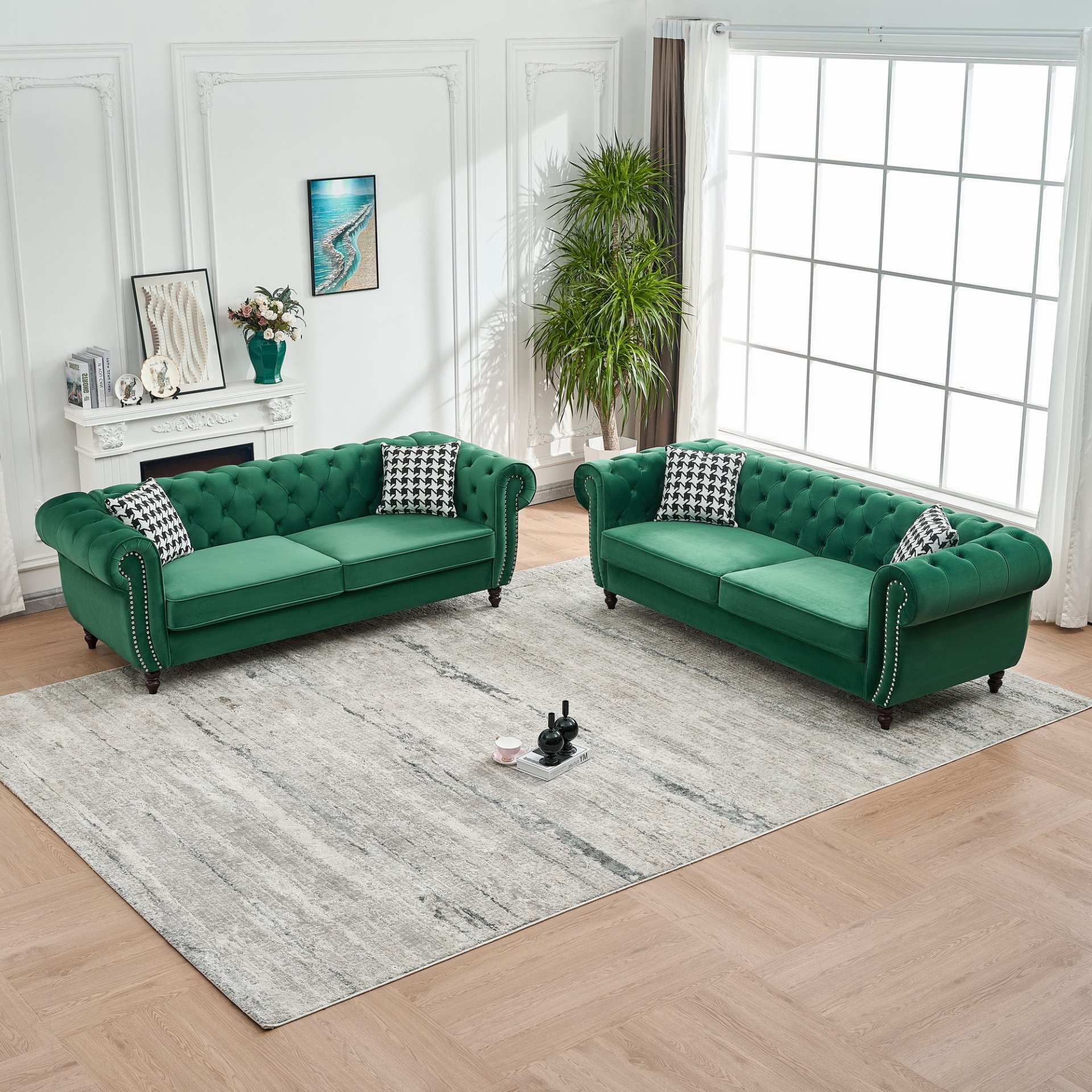 Chesterfield Sofa With Roll Armrest & Nailhead, 3 And 3 Seater Couch - Green - Image 4