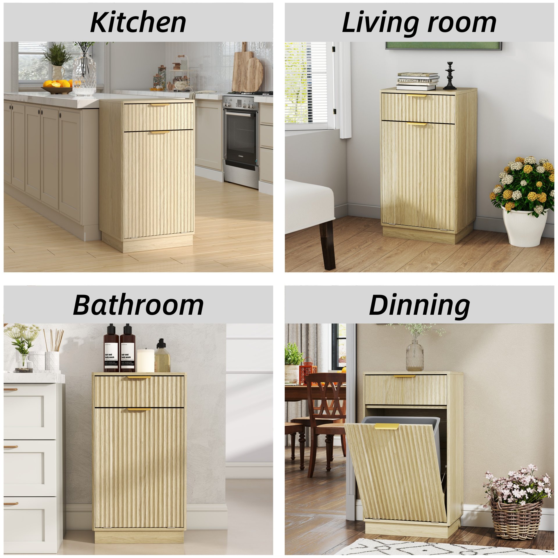 10 Gallon Tilt Out Trash Can Cabinet With Wave Textured Drawer - Oak - Image 7