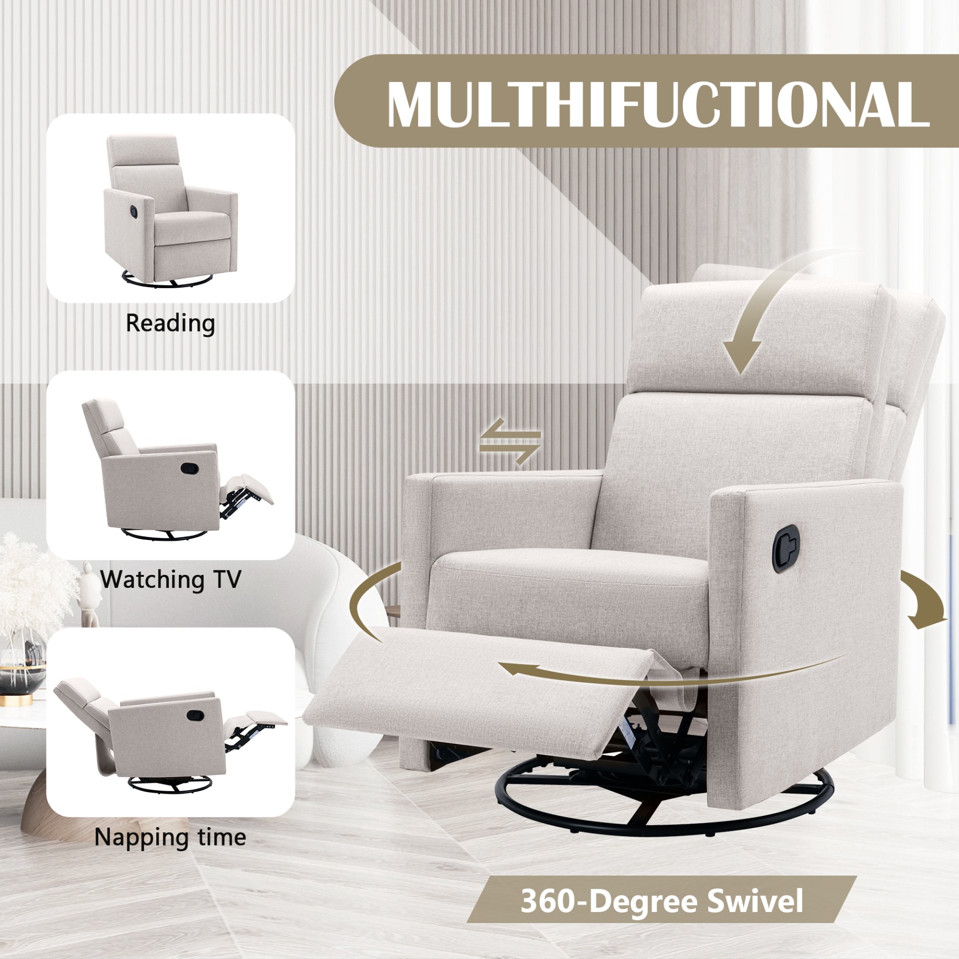 Modern Upholstered Rocker Nursery Chair Plush Seating Glider Swivel Recliner Chair - Tan - Image 4