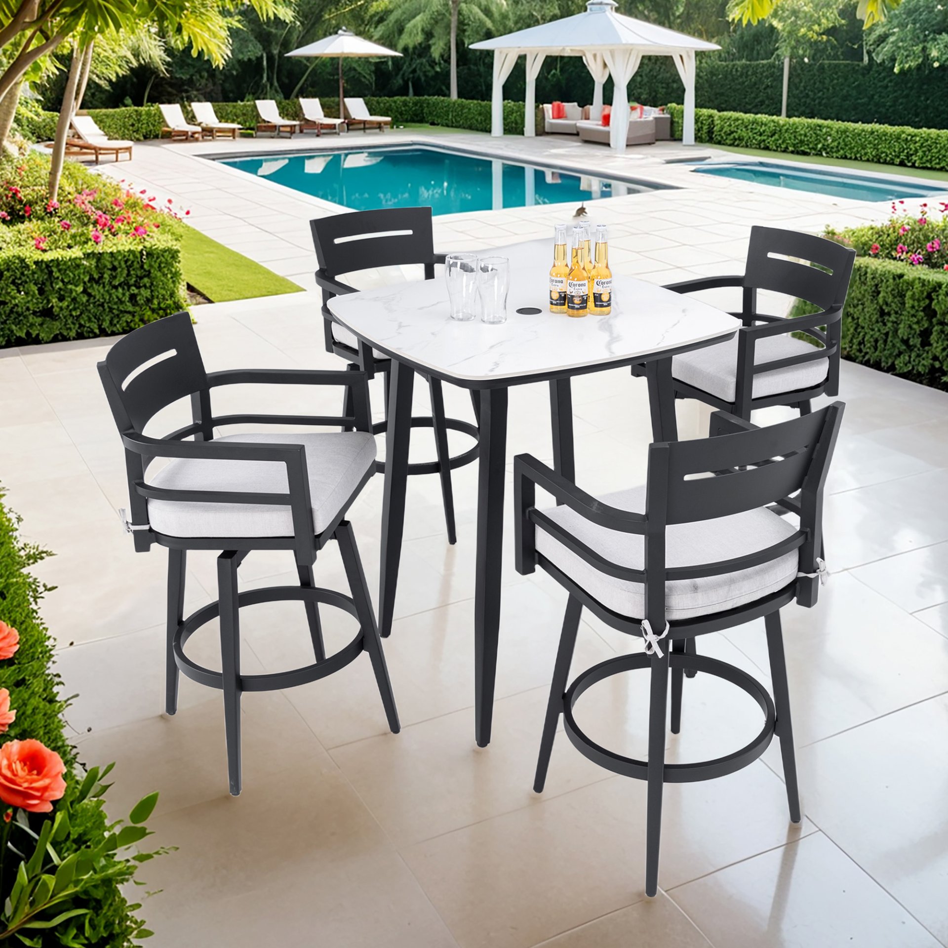 5 Pieces Modern Outdoor Patio Bar Set, Rounded Square Table & 4 Swivel Bar Chairs, Non Rust Frame, Tapered Legs, Sunbrella Cushion - Ember Black / White - Image 2