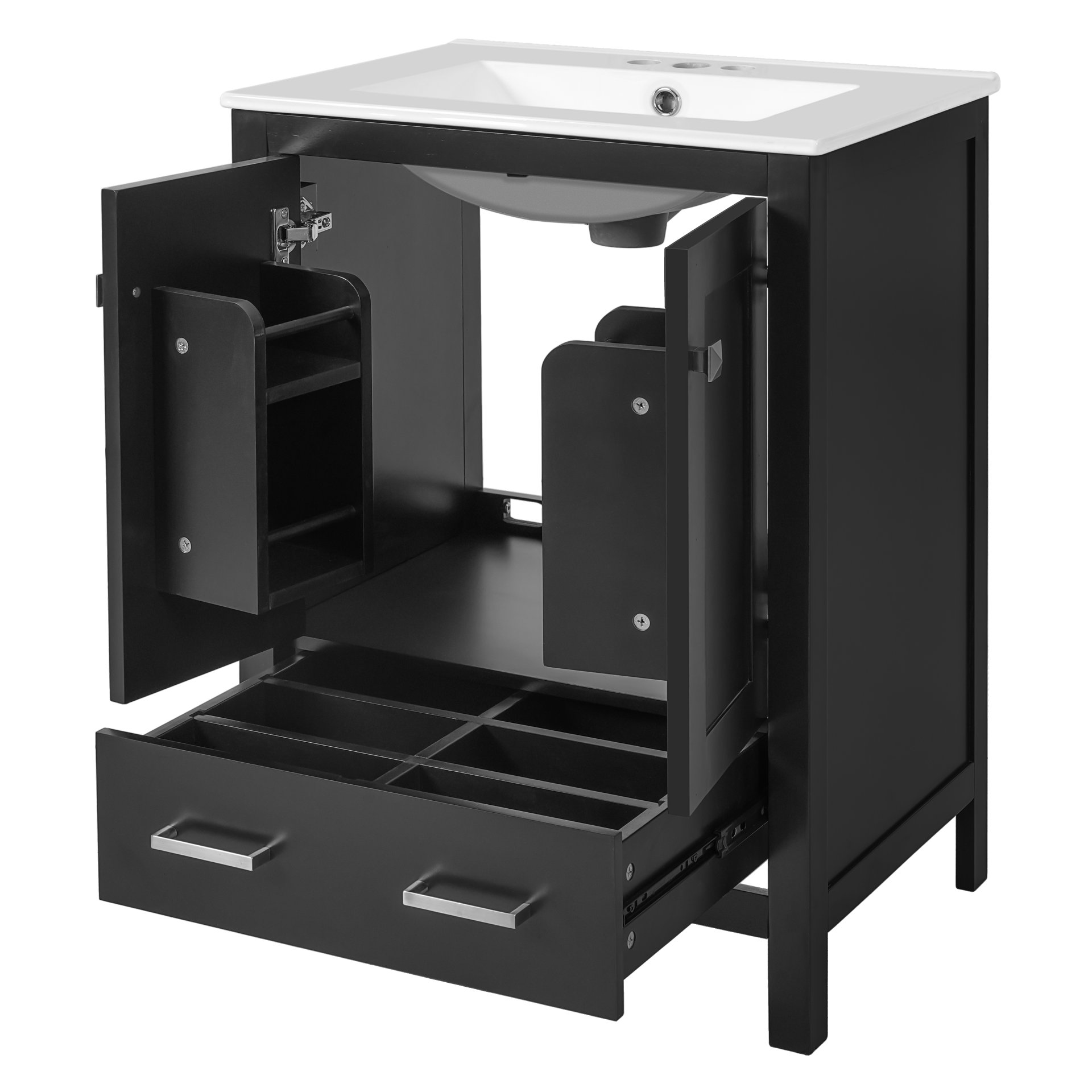 Bathroom Vanity With Integrated Undermount Sinks, Soft Close Doors, Divided Drawer, And Double Layer Door Shelf - Black - Image 15