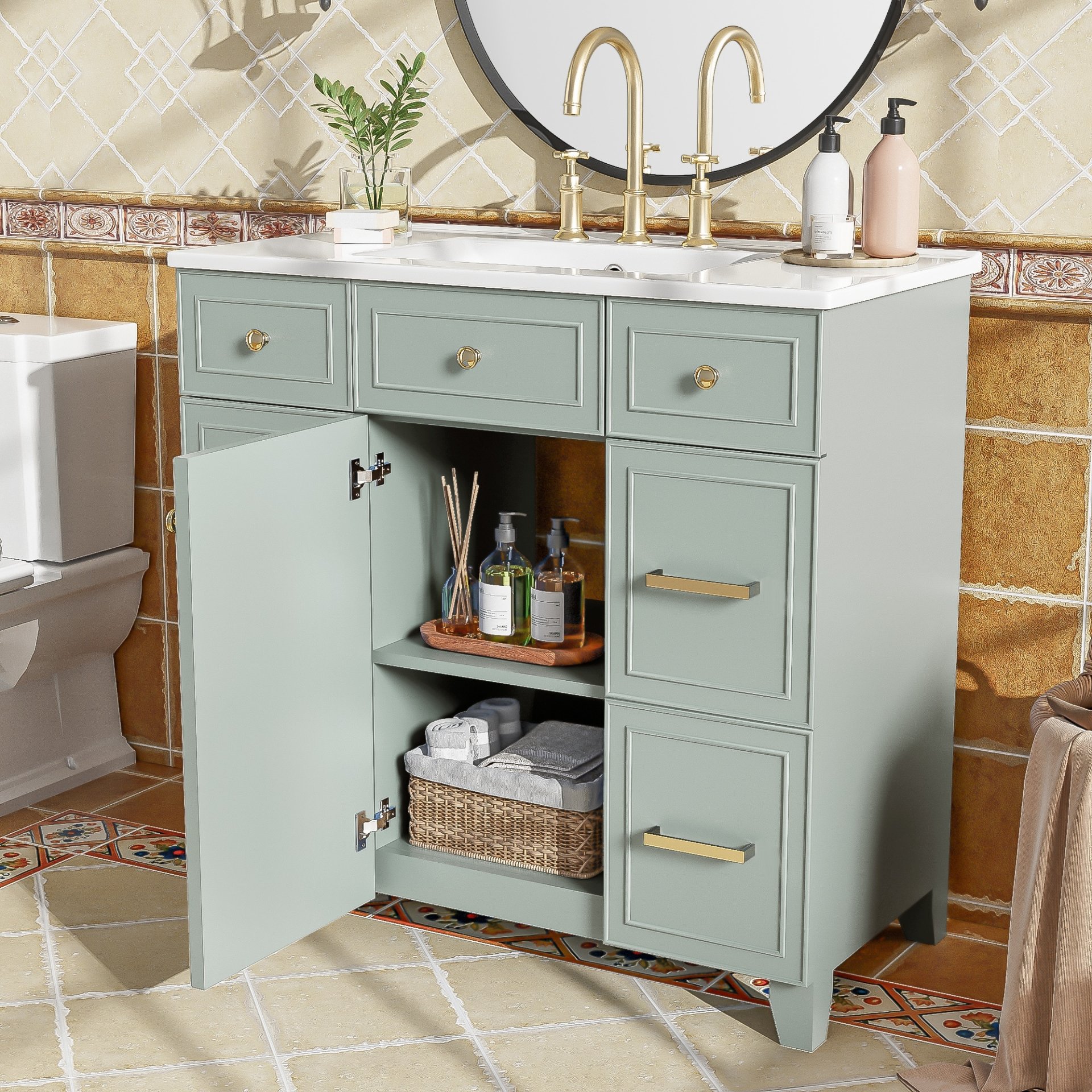 36" Bathroom Vanity With Sink, Soft Close Doors, Adjustable Shelves, And Hairdryer Storage - Green - Image 6