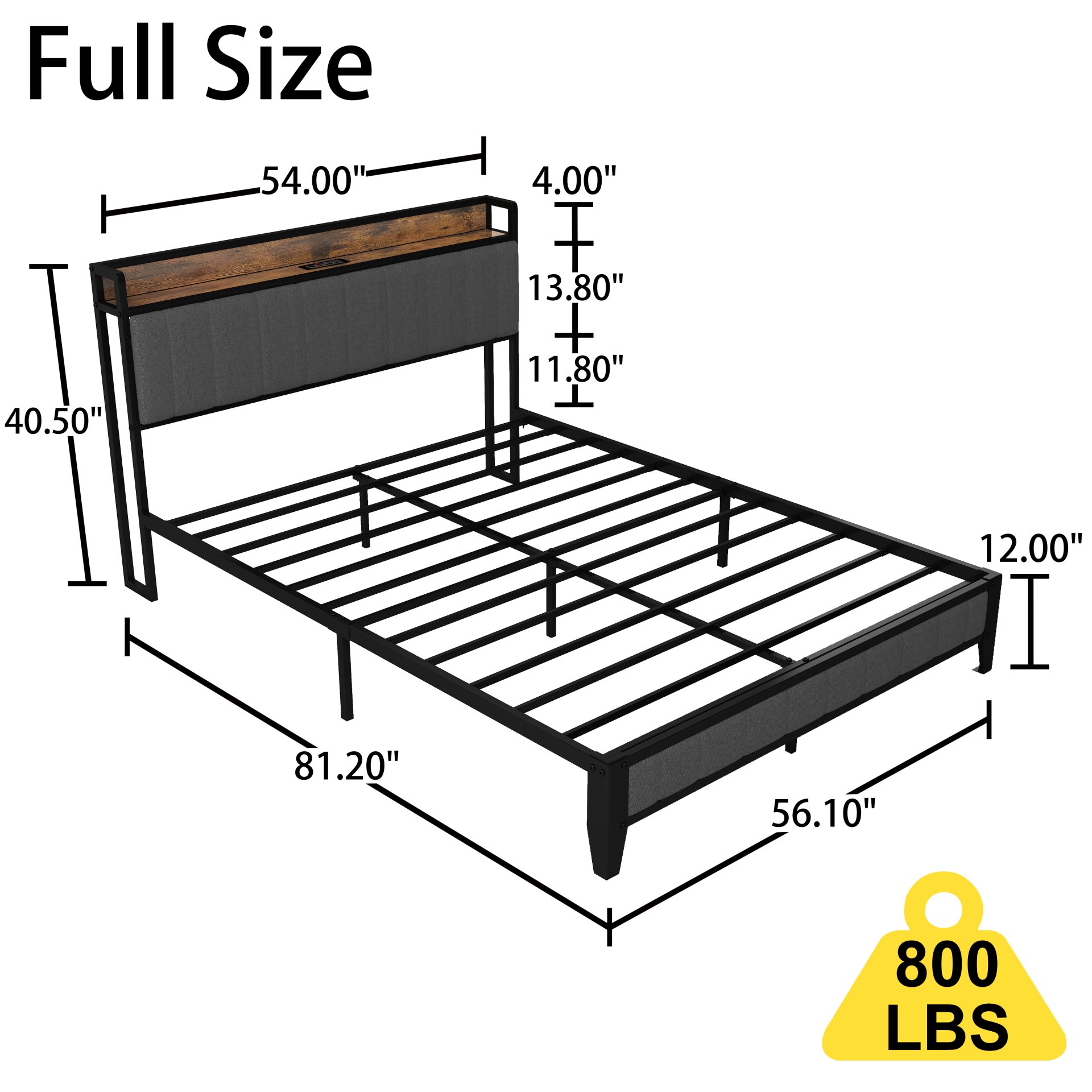 Full Size Bed Frame With Charging Station, American Design Upholstered Headboard, Metal Platform - Light Gray - Image 3