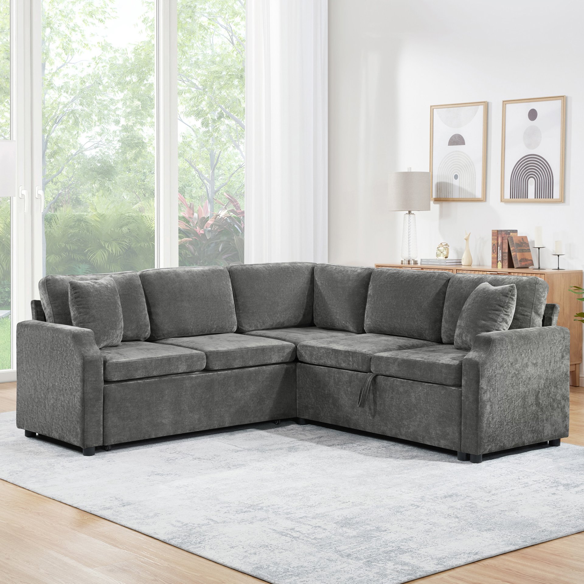 Upholstered L Shaped Sectional Sofa Bed With Sleeper And Storage Chenille - Gray - Image 5