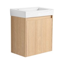 Minimalist Wall Mounted Bathroom Vanity With Ceramic Sink And Storage Cabinet - Oak