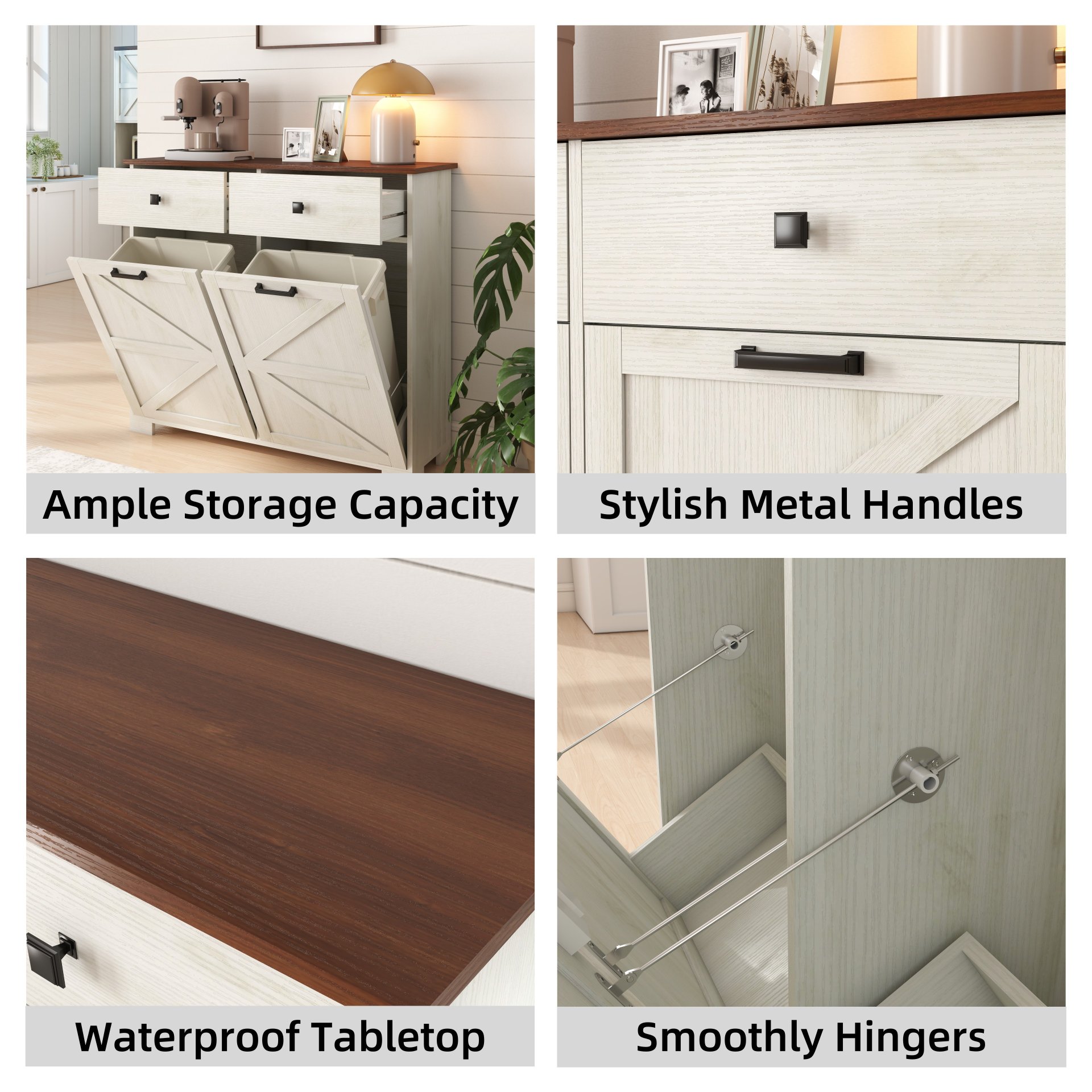 Barn Door Double Tilt Out Trash Cabinet For 20 Gallon Cans With Free Standing Recycling And Laundry Storage - Brown / Antique White - Image 11