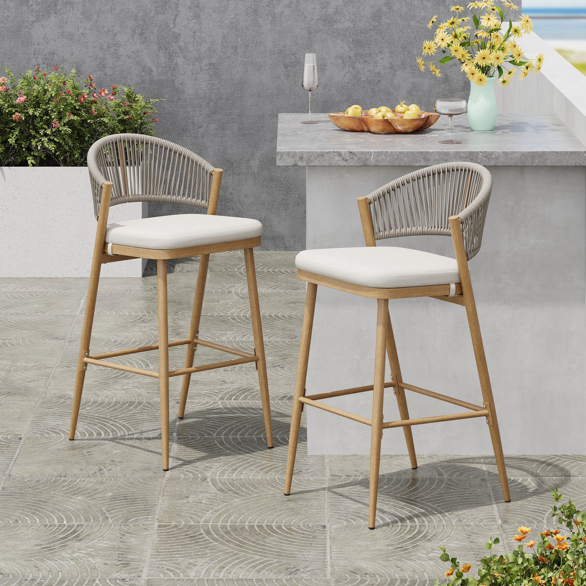 Outdoor Bar Height Aluminum Frame Counter Stools With Scallop Shaped Backrest & Water Resistant Cushions (Set of 2) - Maple - Image 4