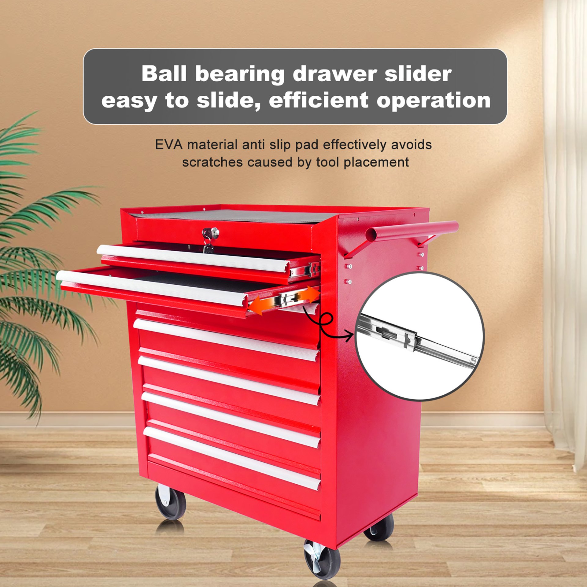 Red 7 Drawer Metal Rolling Tool Chest With Locking System And Wheels, Steel Construction - Red - Image 4