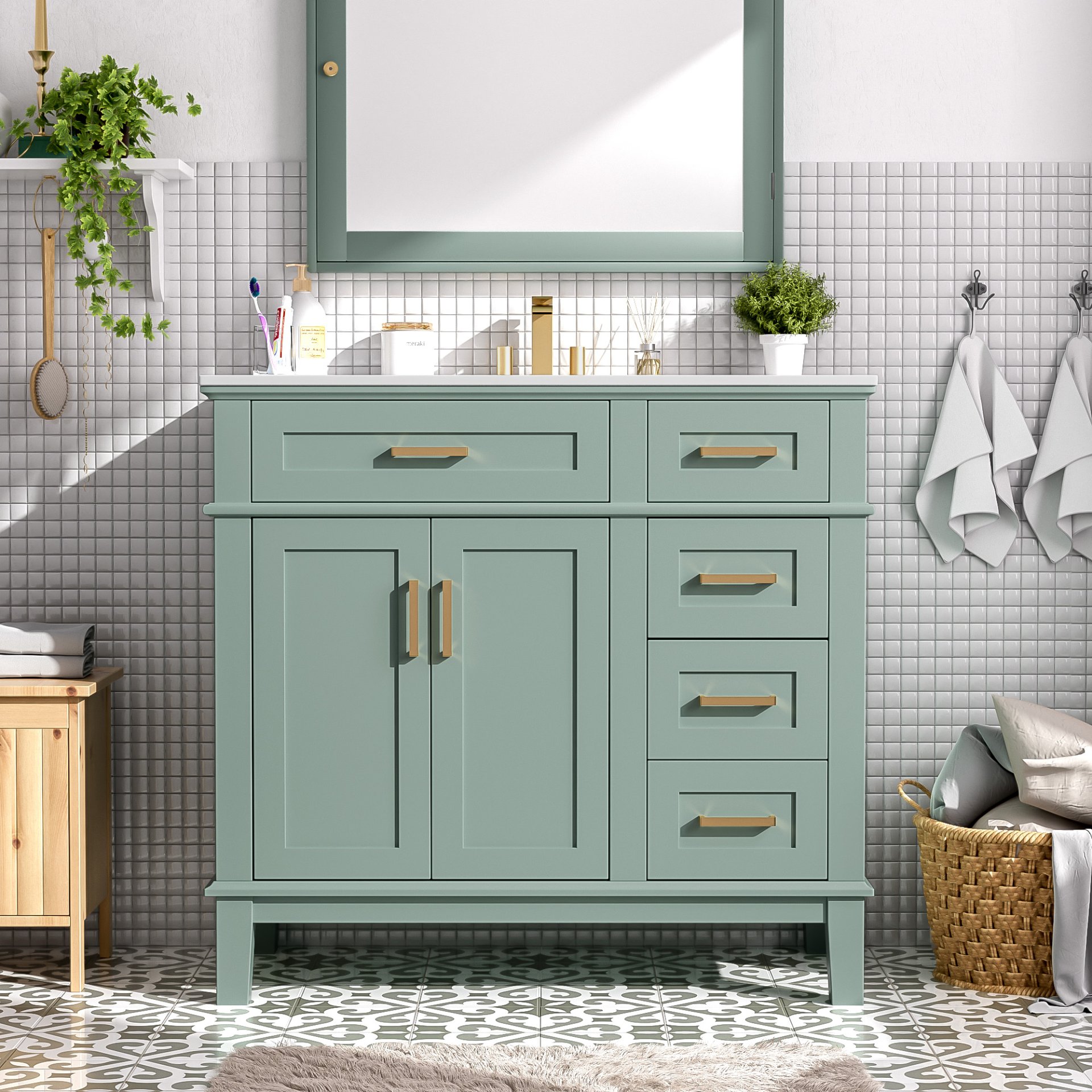 36" Bathroom Vanity With Sink, Soft Close Doors, And Storage Drawers - Green - Image 3