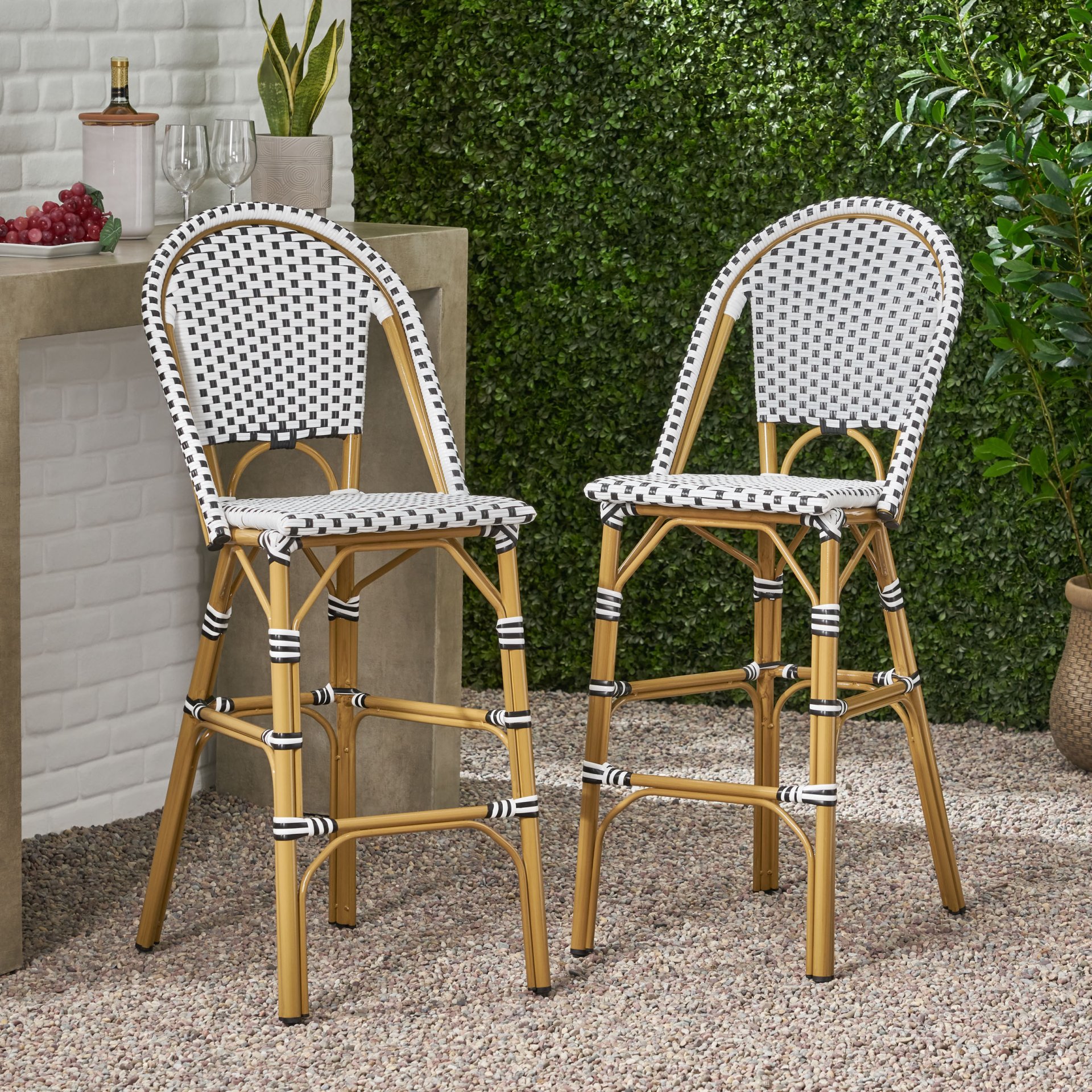 Outdoor Rattan French Barstool With Bamboo Aluminum Frame, Seat Height (Set of 2) - White / Black - Image 4