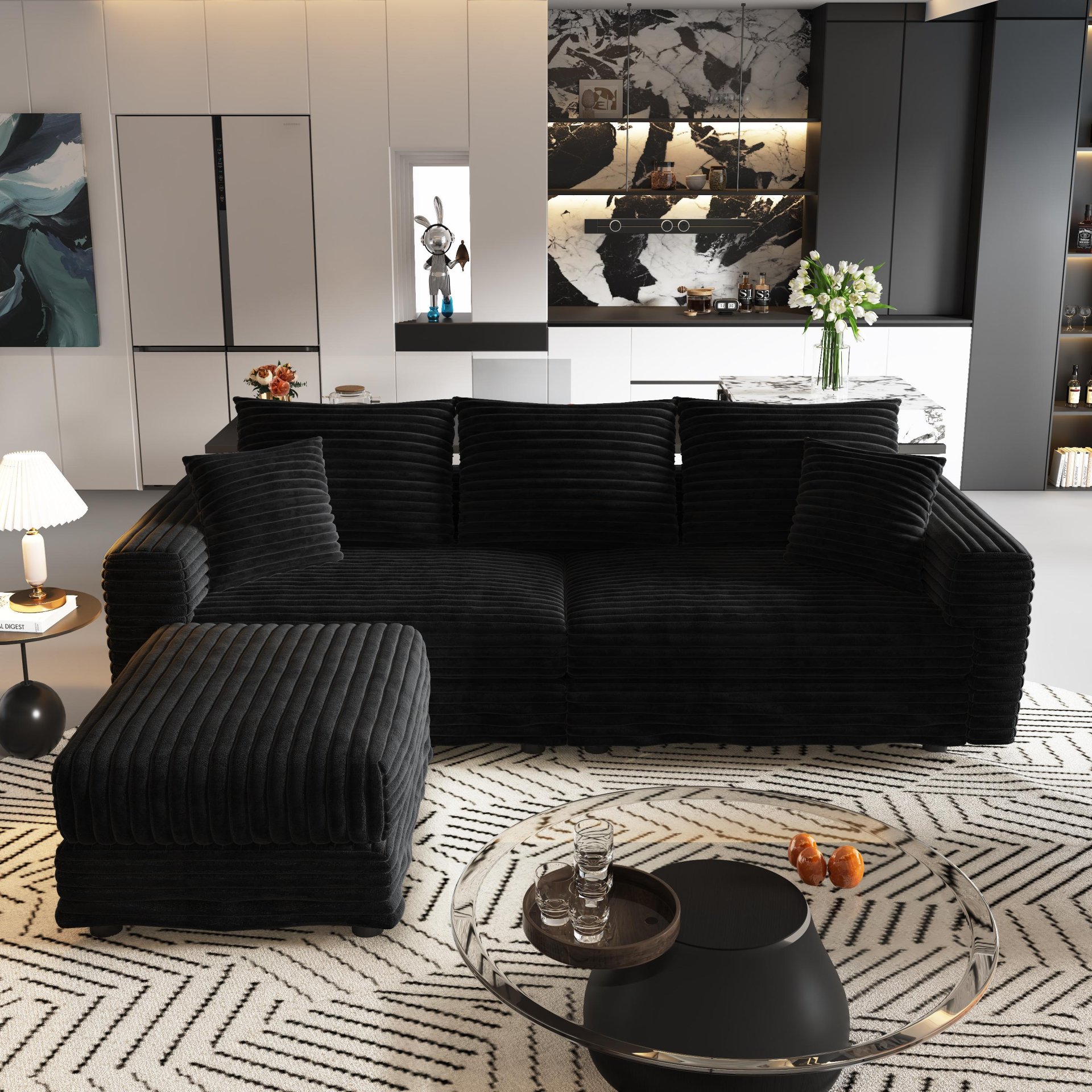 3 Seat Sofa, Deep Seat Couches With Soft Pillows And 1 Ottomans, Convertible Sofa Lounge Chair, For Living Room - Black - Image 7