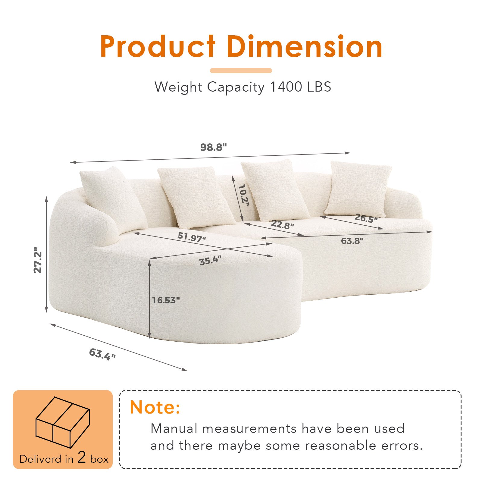 Compression Sofa: Combining Chaise Longue With 3 Seater, Wood Grain Chenille Fabric, Full Sponge Compression Sofa, Combined Sofa With 4 Pillows For Living / Home Furniture / Apartment - White - Image 2