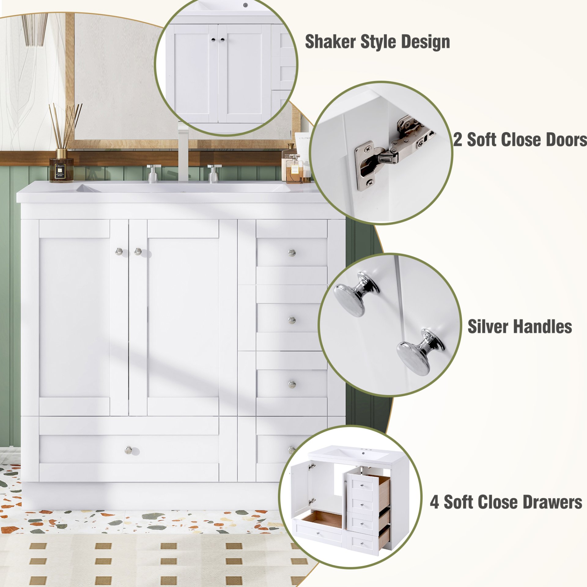 Shaker Style Free Standing Bathroom Vanity Cabinet With Sink, 4 Soft Close Drawers And 2 Soft Close Doors - White - Image 6