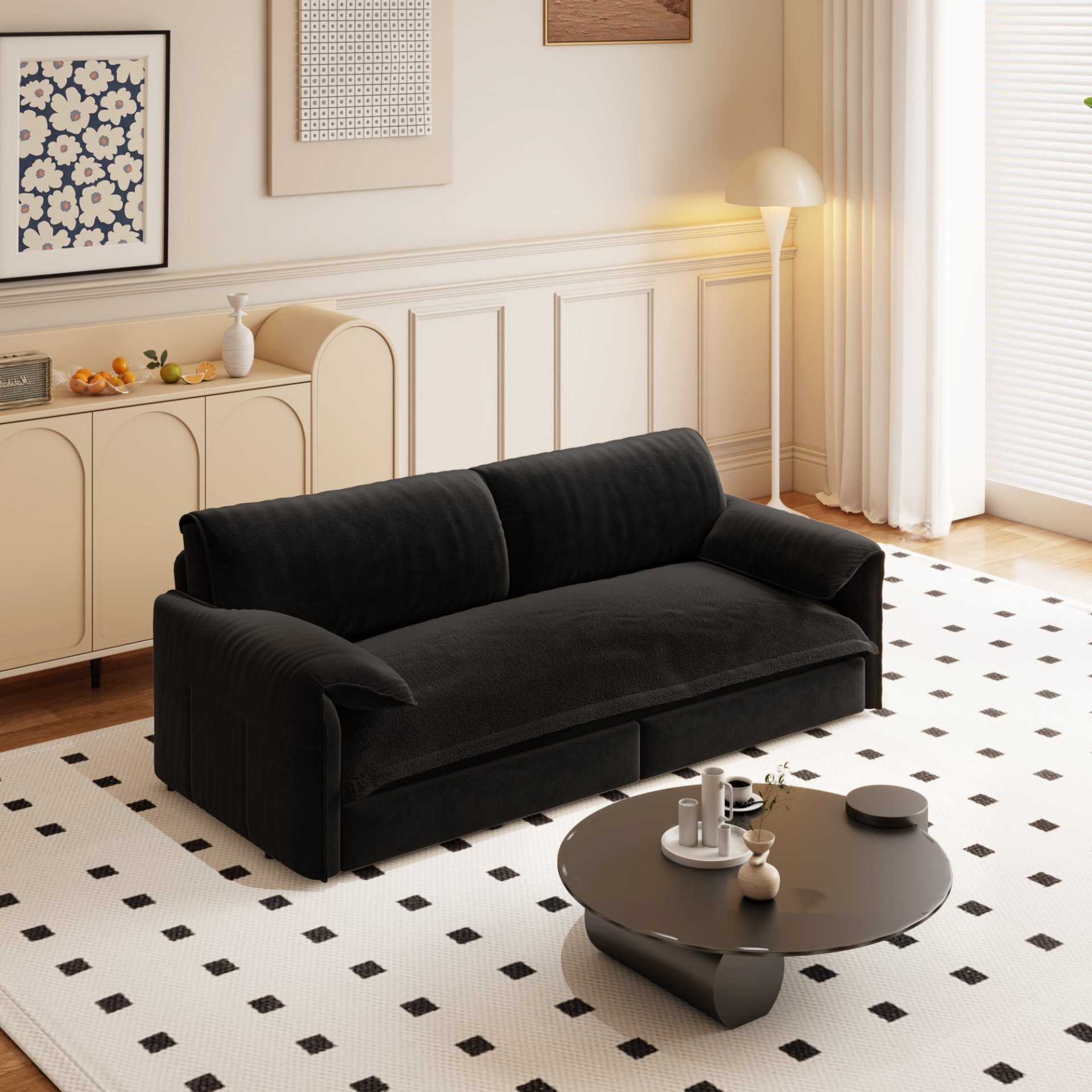 Queen Pull Out Sofa Bed, 3 In 1 Convertible Sleeper Sofa With Side Storage Multifunctional Velvet Loveseat Bed For Living Room - Black - Image 6