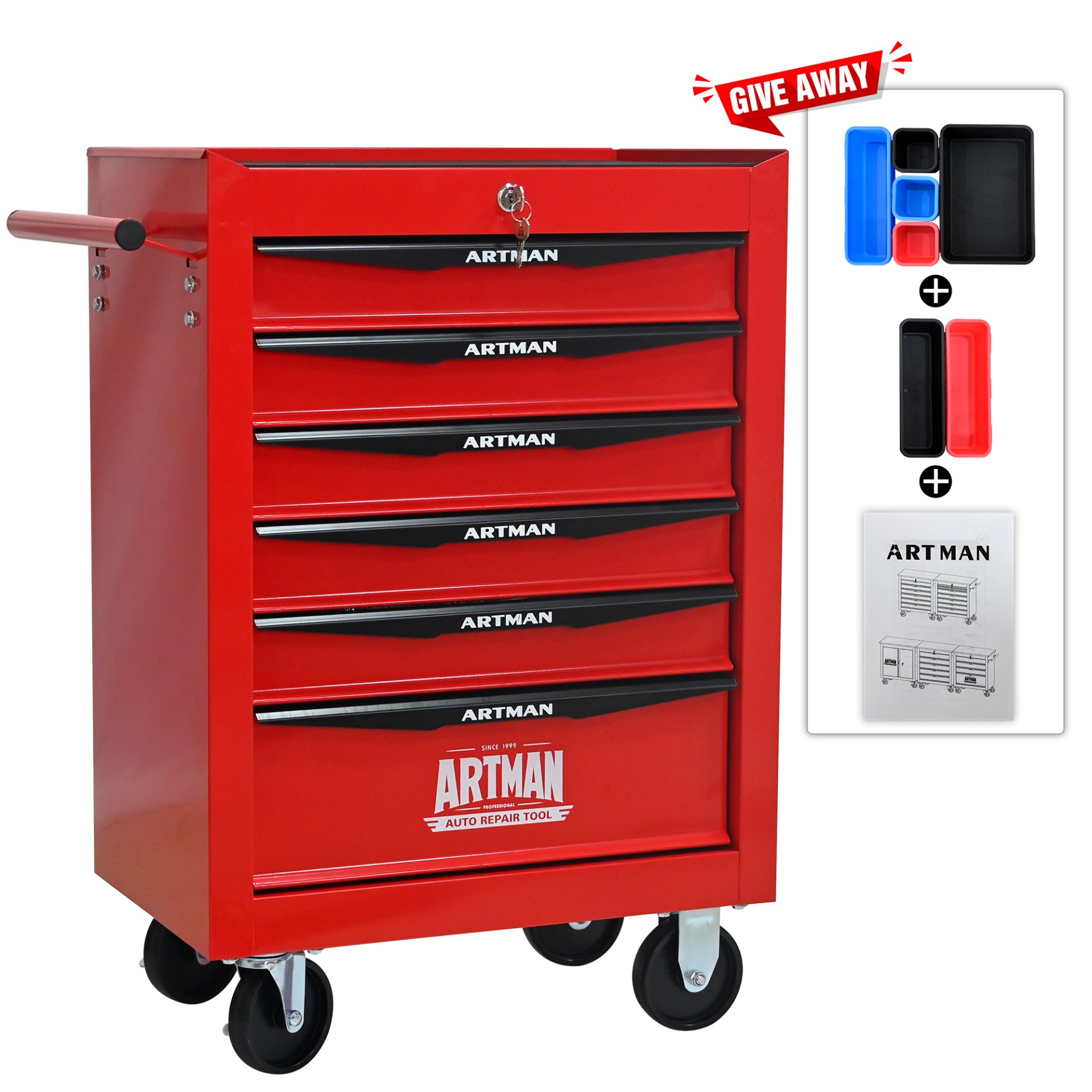 Rolling Metal Tool Chest With 6 Drawers, 20" Steel Storage Cabinet With Ball Bearing Slides - Red / Black - Image 5