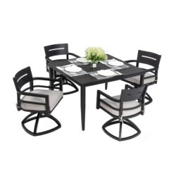 5 Piece Outdoor Patio Furniture, Modern Dining Set, 4 Swivel Chairs Rockers Sunbrella Fabric And Square Dining Table With Umbrella Hole - Ember Black