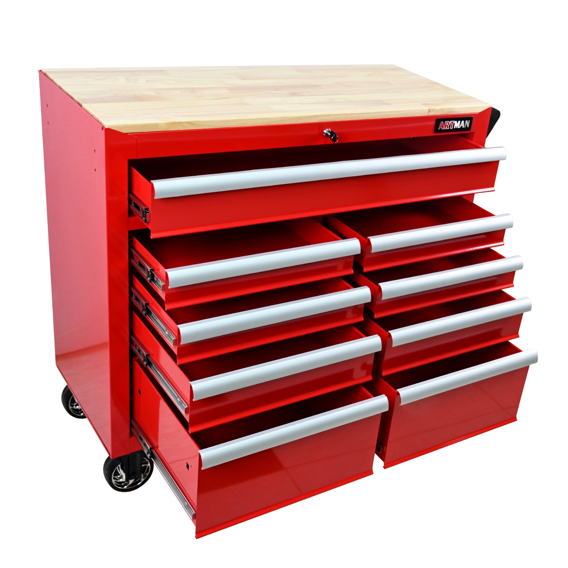 9 Drawer Multifunctional Steel Tool Cart With Wheels And Wooden Top - Red - Image 6