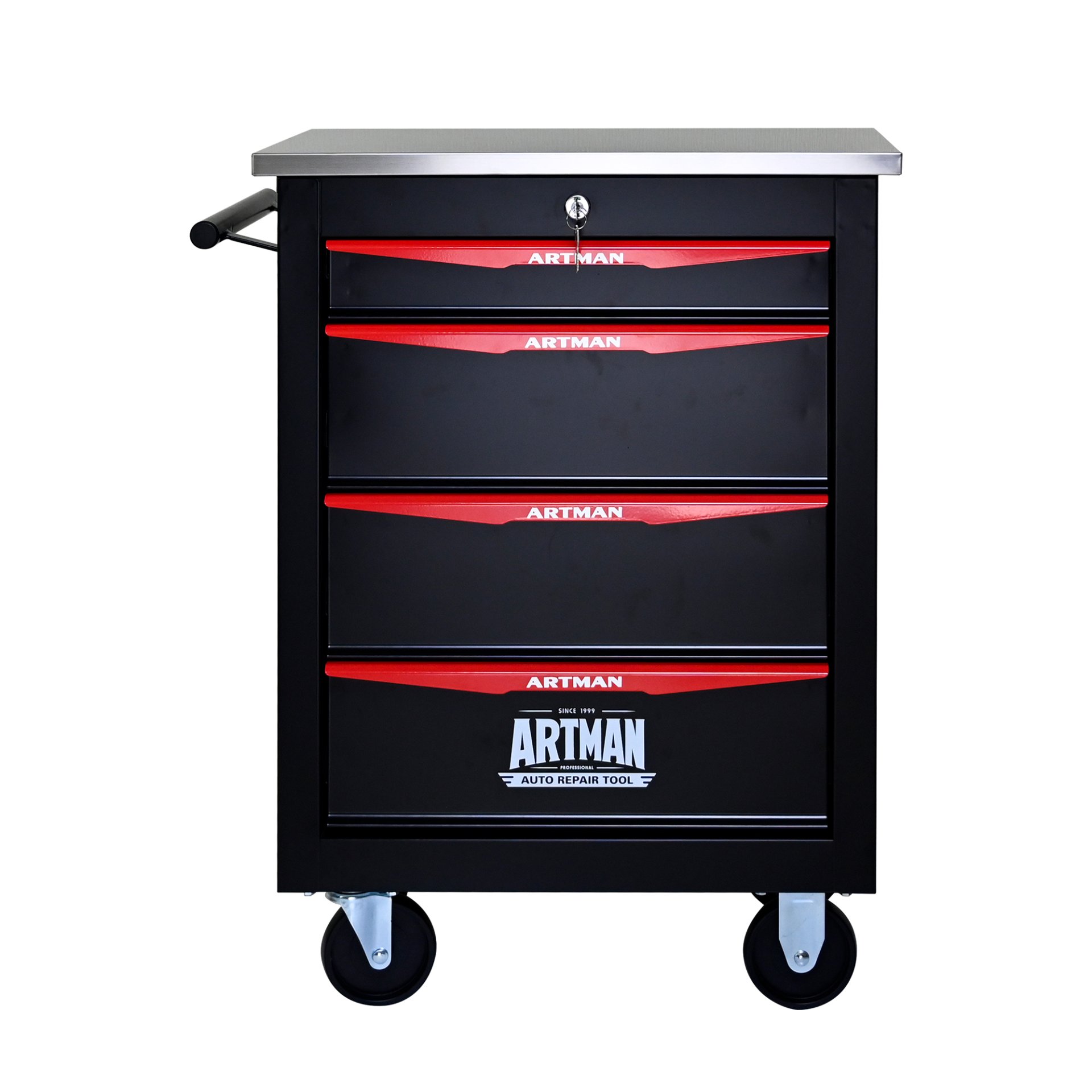 4 Drawer Multifunctional Tool Cart With Wheels, Metal Rolling Tool Cart Storage For Garage Workshop Warehouse Repair Shop With Stainless Steel Roof - Black / Red - Image 10