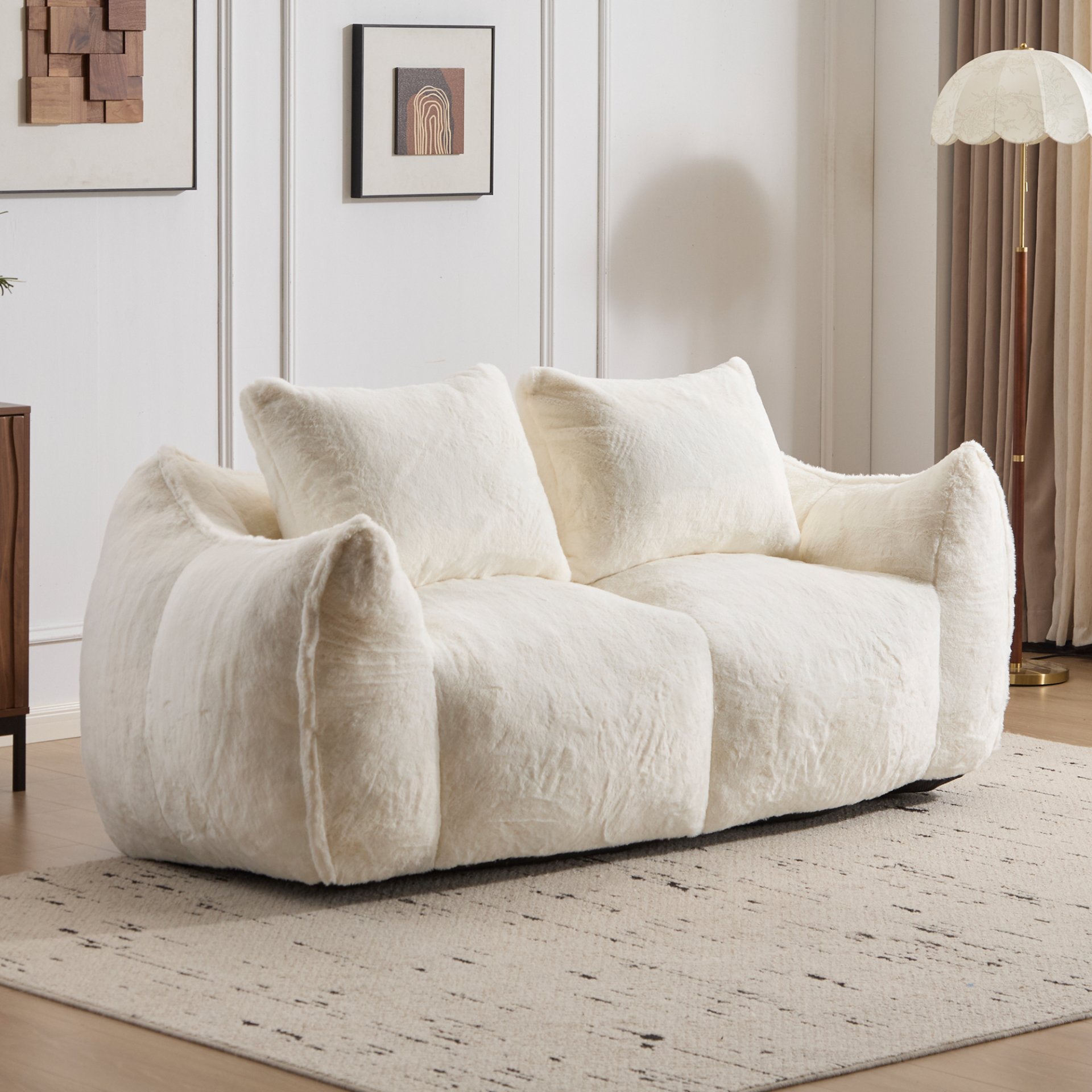 Giant Bean Bag Couch, Ultra Soft Fluffy Loveseat For Living Room Reading Chair With Pillows - White - Image 2
