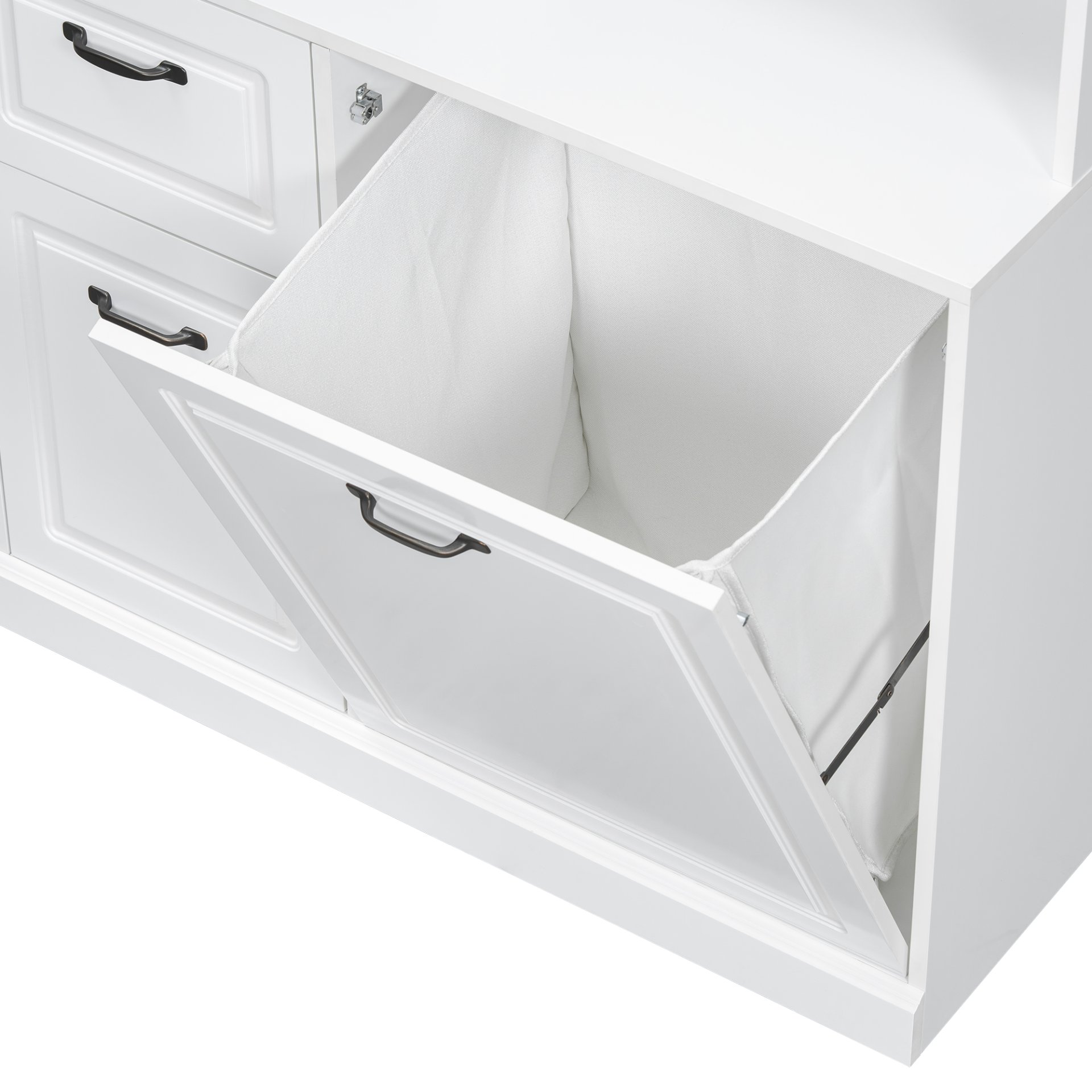 Bathroom Storage Cabinet With Tilt Out Hamper, Tall Free Standing Organizer With Drawers & Adjustable Shelves, Linen Tower With Steel Handles - White - Image 18