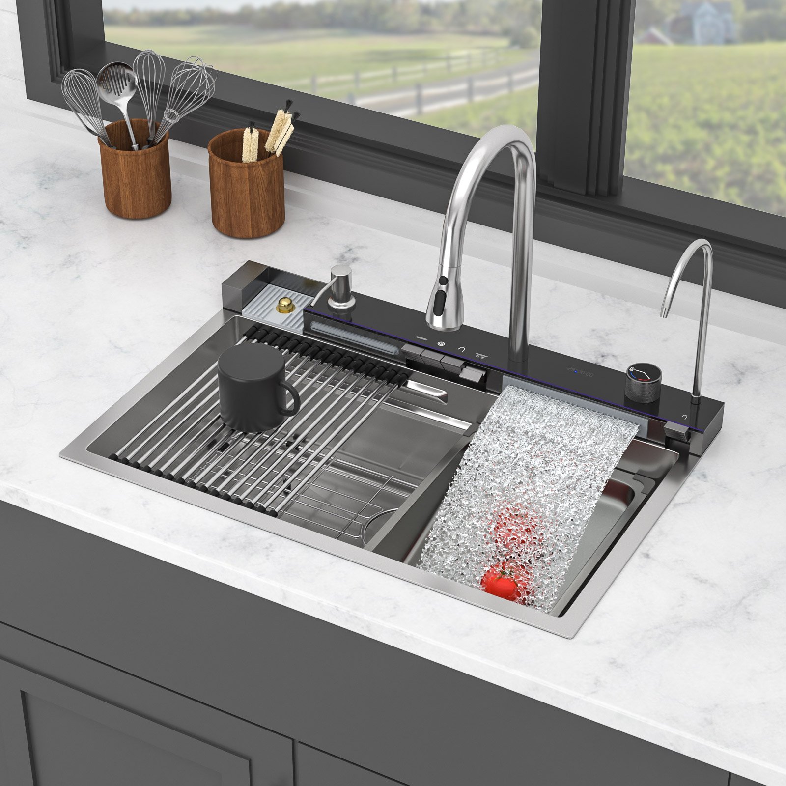 Kitchen Waterfall Sink Single Bowl With LED Faucet, Ledge Workstation, And Multi Function Pull Out Spray - Brushed Nickel - Image 2