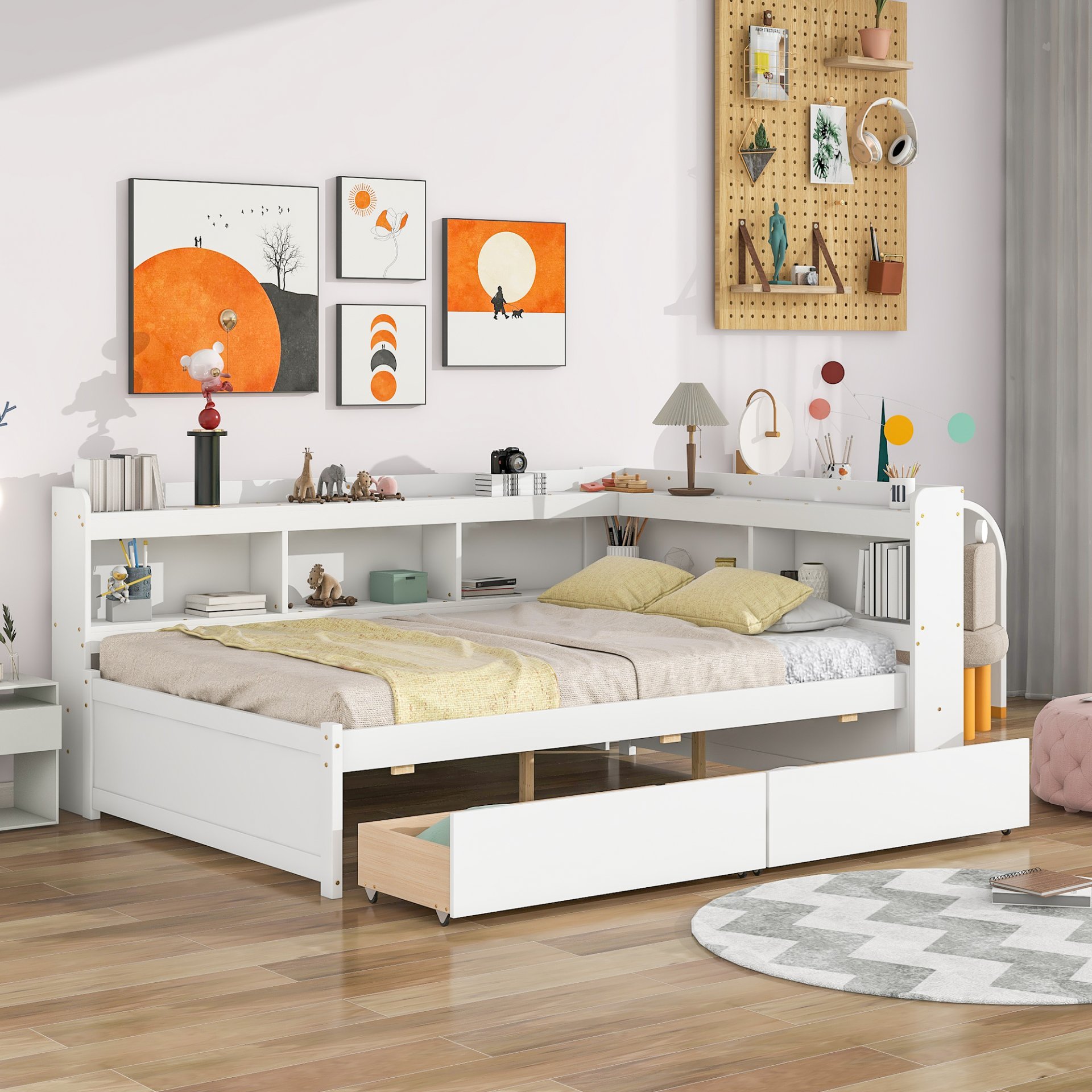Full Bed With L-Shaped Bookcases, Drawers - White - Image 5