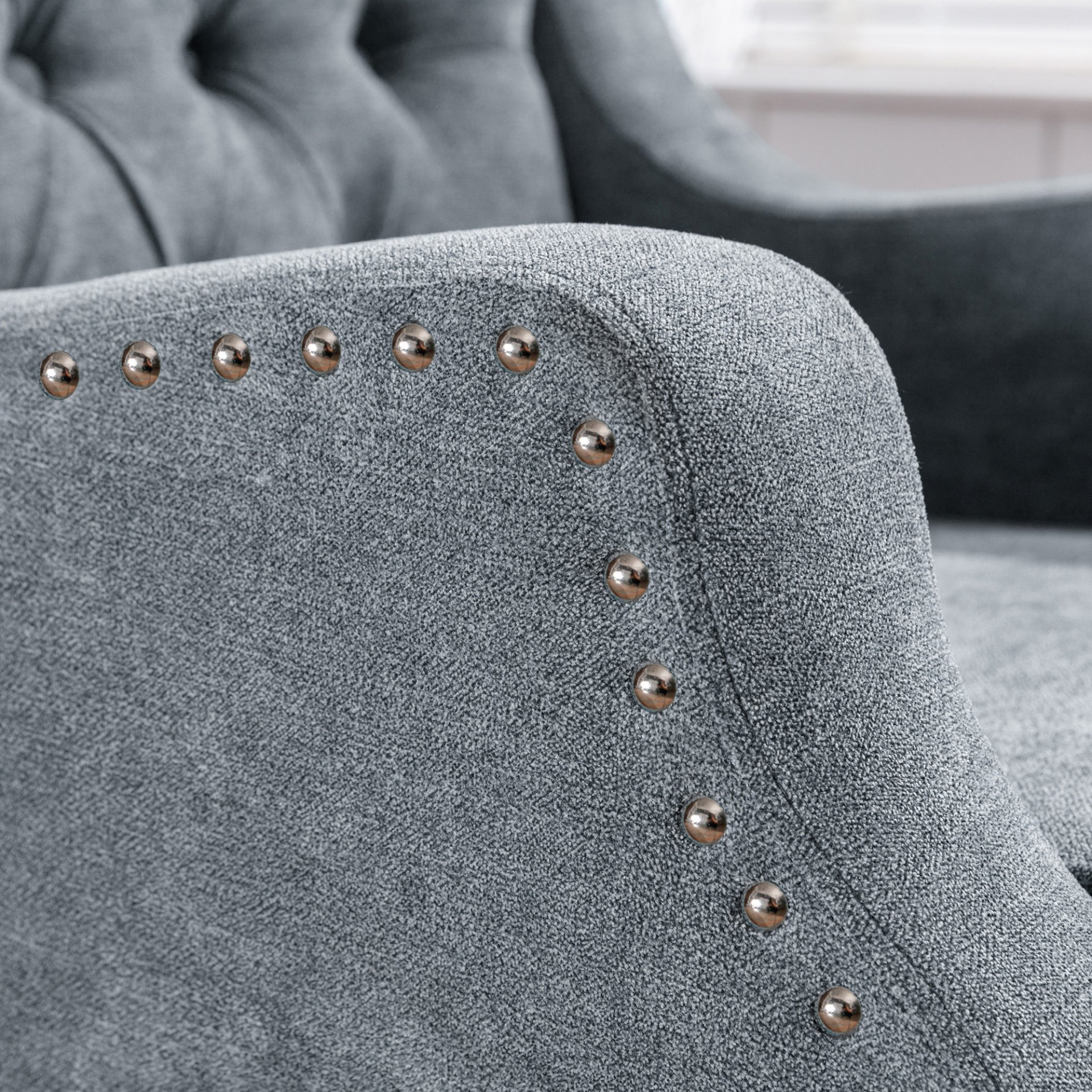 Accent Chair, Living Room Chair, Footrest Chair Set With Vintage Brass Studs, Button Tufted Upholstered Armchair For Living Room, Comfy Reading Chair For Bedroom, Reception Room - Gray - Image 8