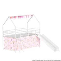 Jack - House Twin Loft Bed With Slide And Curtain Set - White / Pink