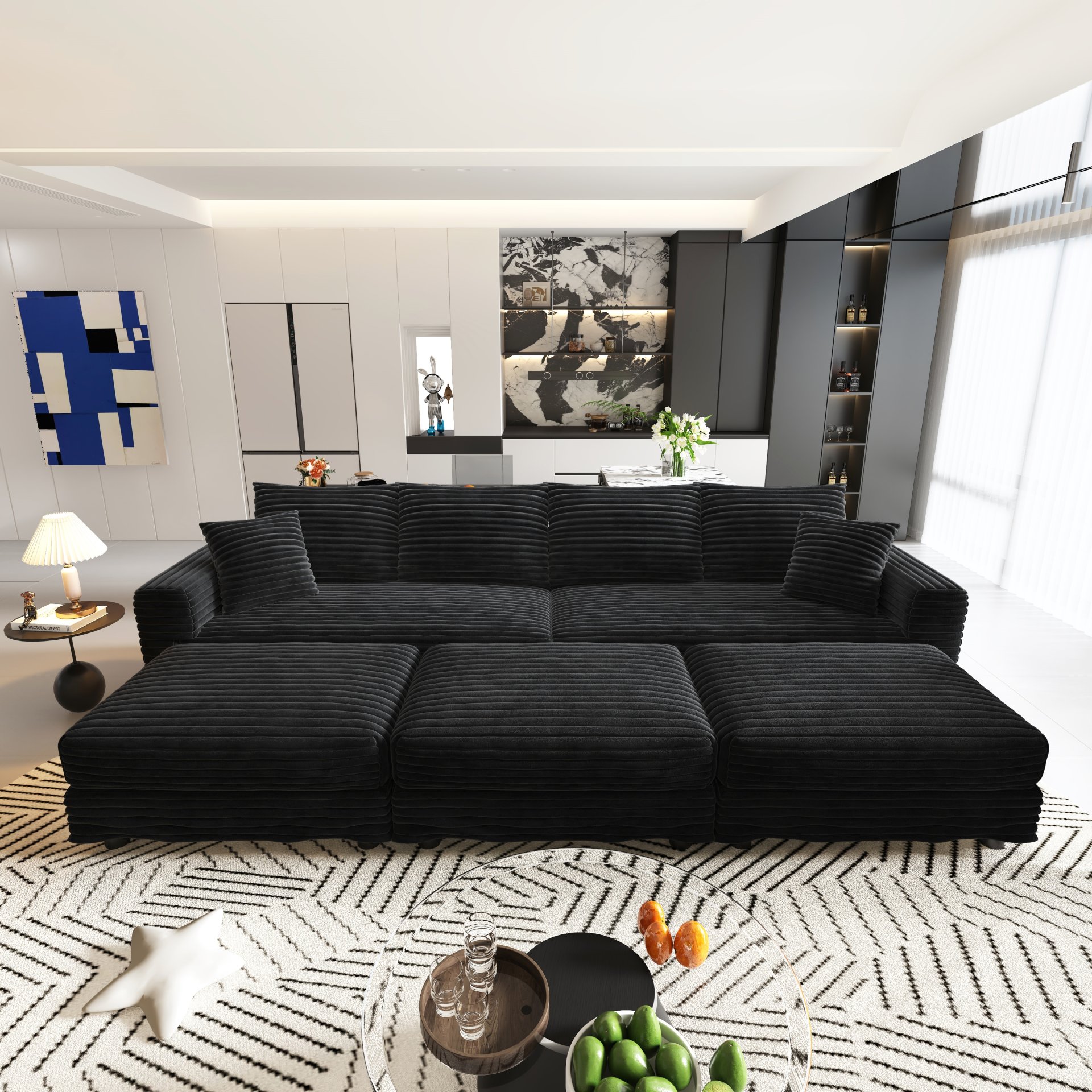 4 Seat Sofa, Deep Seat Couches With Soft Pillows And 3 Ottomans, Convertible Sofa Lounge Chair, For Living Room - Black - Image 12