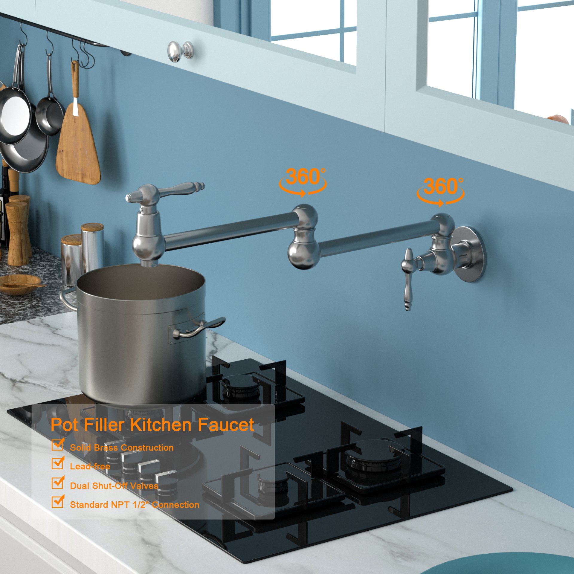 Design Pot Filler Faucet Wall Mount Kitchen Sink Faucet With Folding Stretchable Arm - Brushed Nickel - Image 4