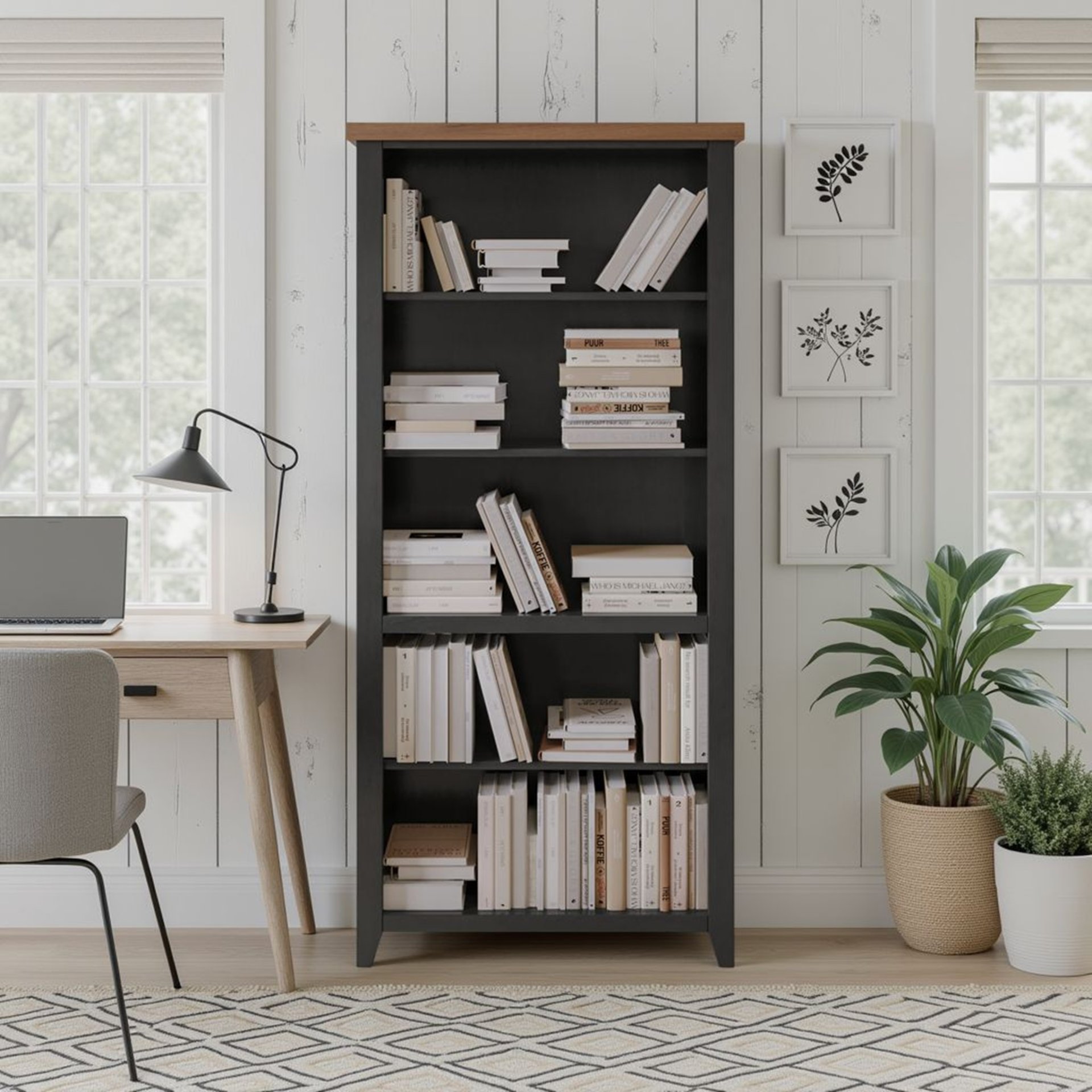 Essex - High 5 Shelf Bookcase - Black, Whiskey - Image 2