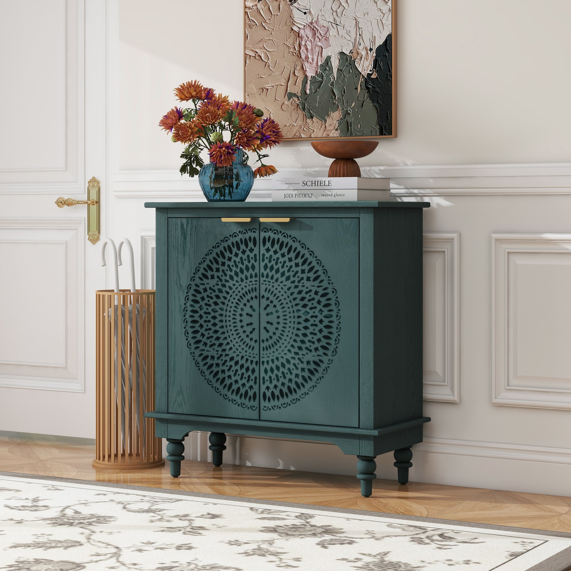 Hollow Carved 2 Door Accent Cabinet With Adjustable Shelf, Sideboard Buffet For Entryway, Living Room Or Bedroom - Blackish Green - Image 4