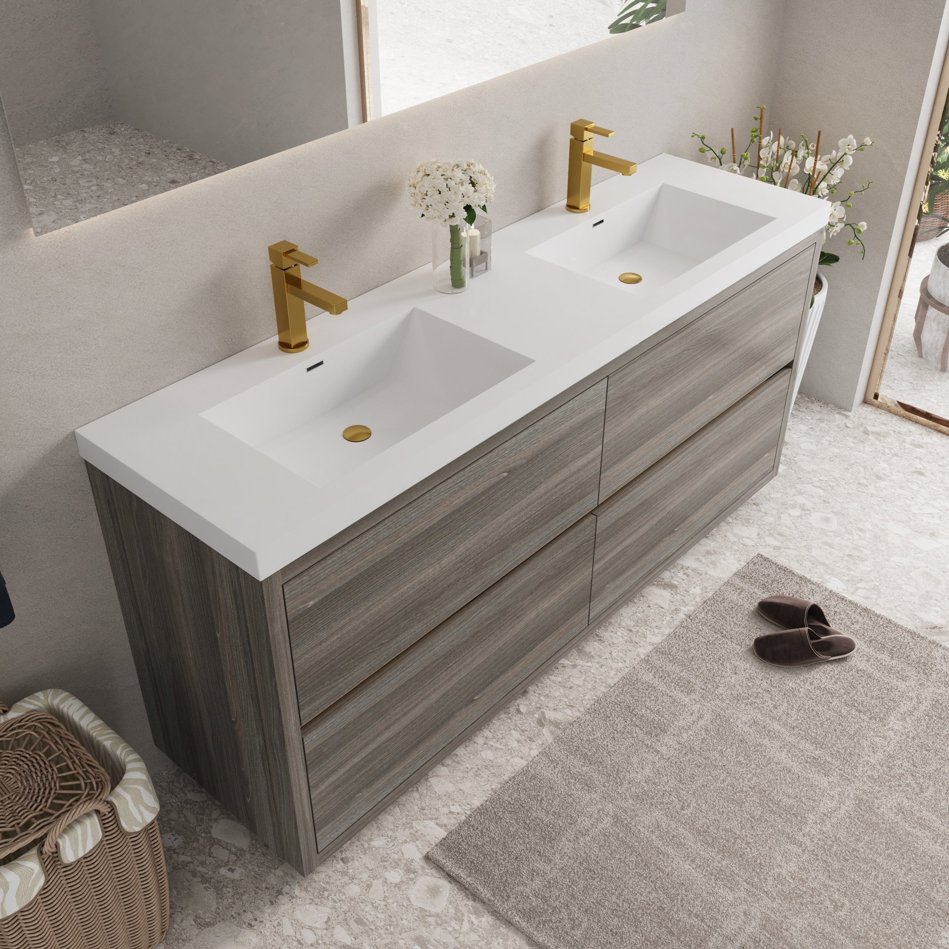 Freestanding Bathroom Vanity With Sink, Bathroom Storage Vanity Cabinet With Stone Resin Countertop And Soft Close Drawers - Ash Gray - Image 9