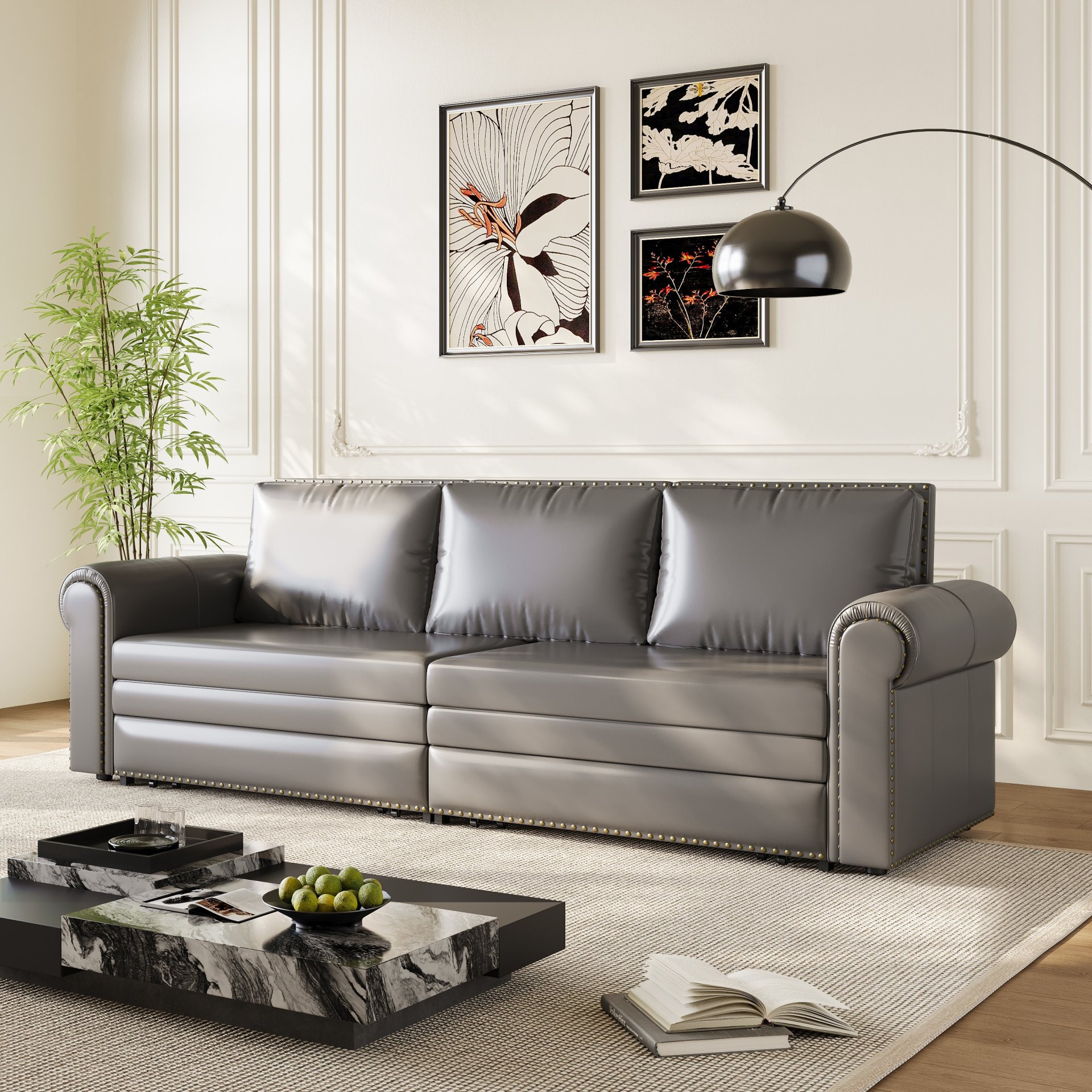 Pull Out Sofa Bed, 3 In 1 Convertible Sleeper Sofa With Nailhead Trim & Rolled Arm, Multi Functional Sofa Bed For Living Room, Bedroom, Apartment, Office - Gray - Image 4