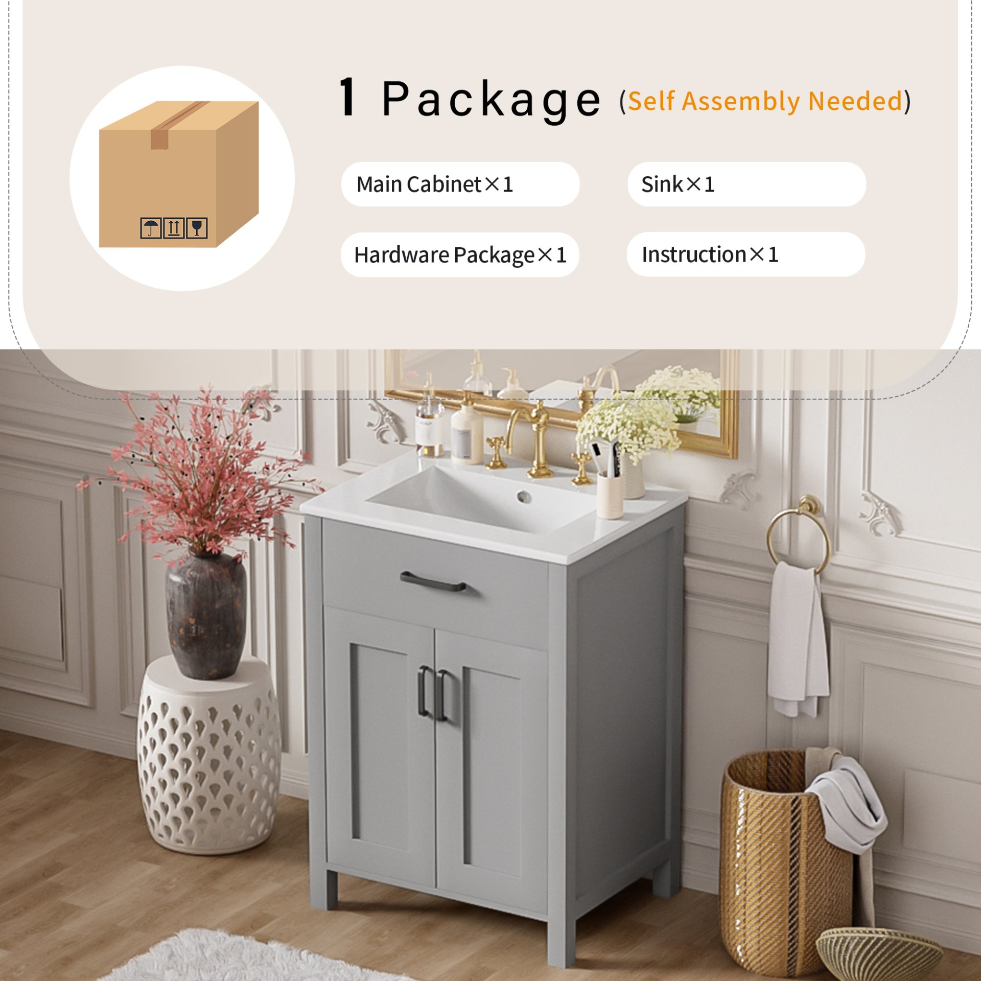 Bathroom Vanity Combo With Sink, Space Saving Design - Gray - Image 9