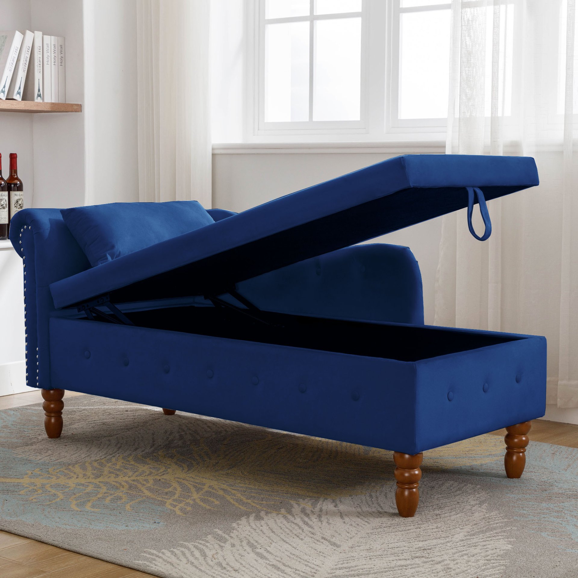Chaise Lounge Indoor, Velvet Lounge Chair For Bedroom With Storage & Pillow, Modern Upholstered Rolled Arm Chase Lounge For Sleeping With Nailhead Trim For Living Room Bedroom Office - Navy Blue - Image 8