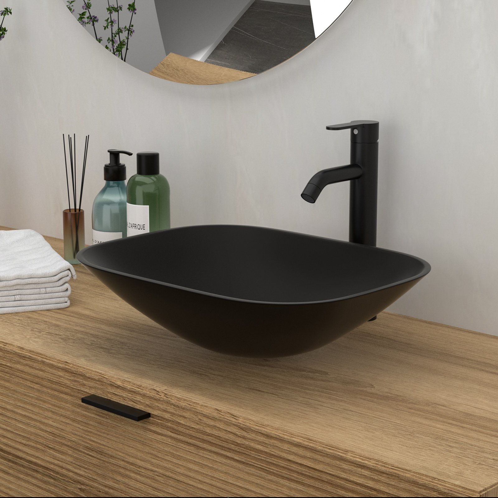 Artistic Tempered Glass Vessel Sink With Faucet And Pop Up Drain - Matte Black - Image 4