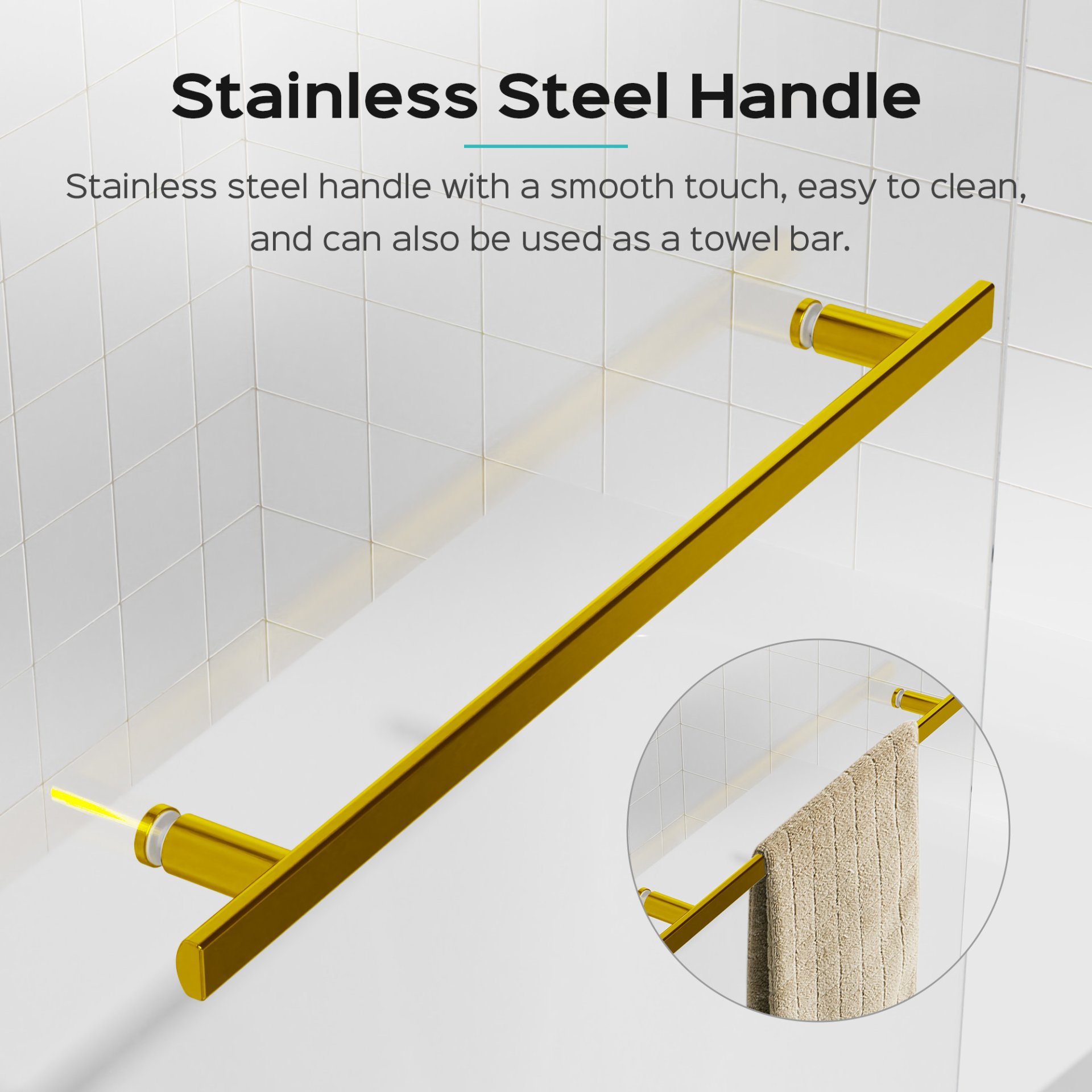 Frameless Shower Doors For Bathtub, 1 / 4" SGCC Tempered Glass - Brushed Gold - Image 6