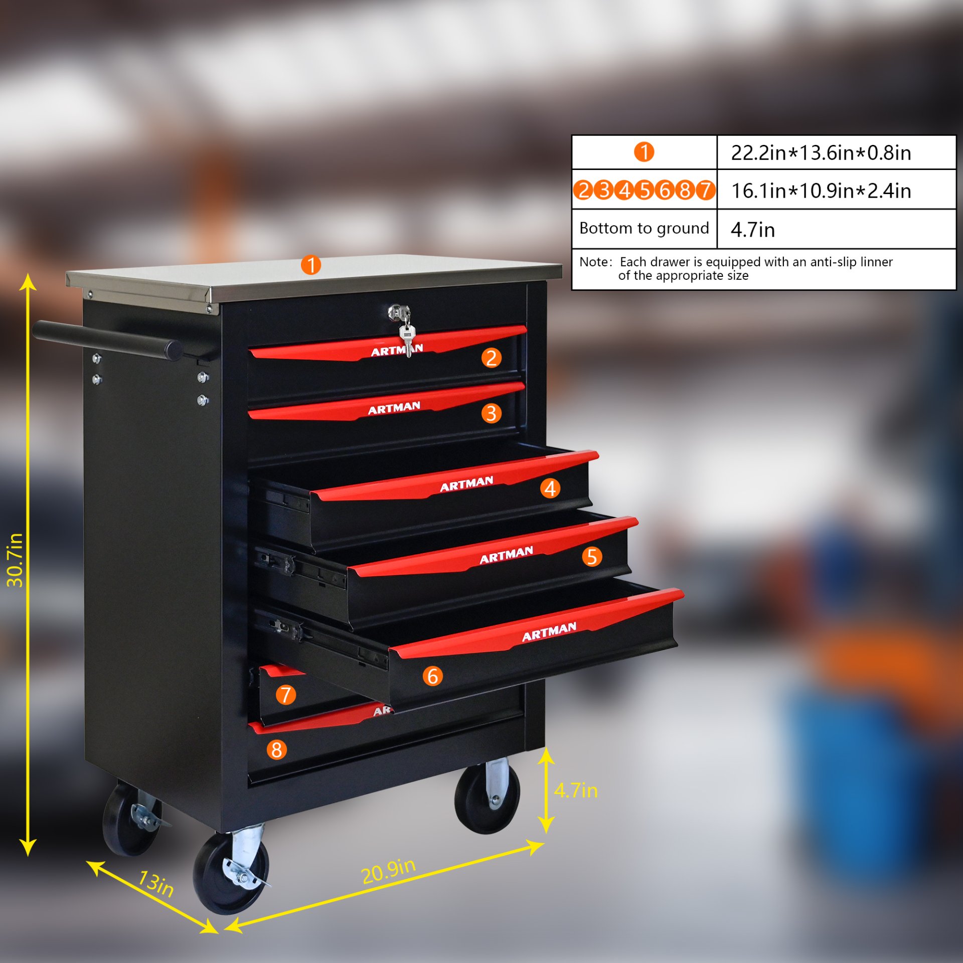 7 Drawer Multifunctional Tool Cart With Wheels, Metal Rolling Tool Cart Storage For Garage Workshop Warehouse Repair Shop With Stainless Steel Roof - Black / Red - Image 10