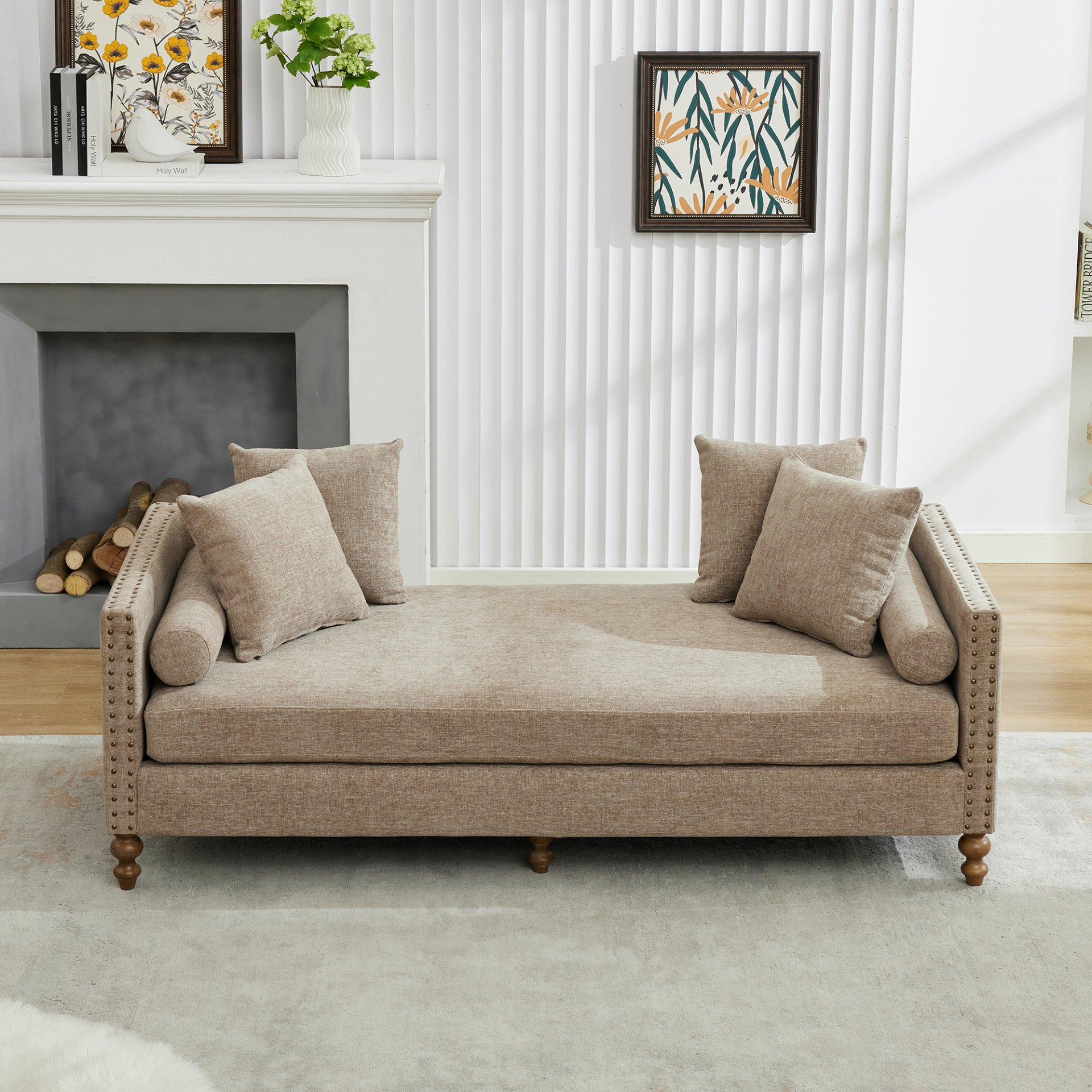 Upholstered Chaise Lounge Indoor With Nailheads, Sleeper Sofa Couch With 4 Throw Pillows & 2 Bolsters, Daybed With Rubberwood Legs - Taupe - Image 5