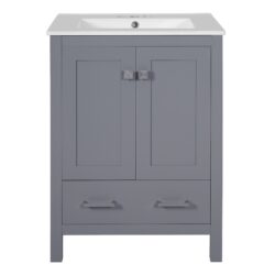 Bathroom Vanity With Integrated Undermount Sinks, Soft Close Doors, Divided Drawer, And Double Layer Door Shelves - Grey
