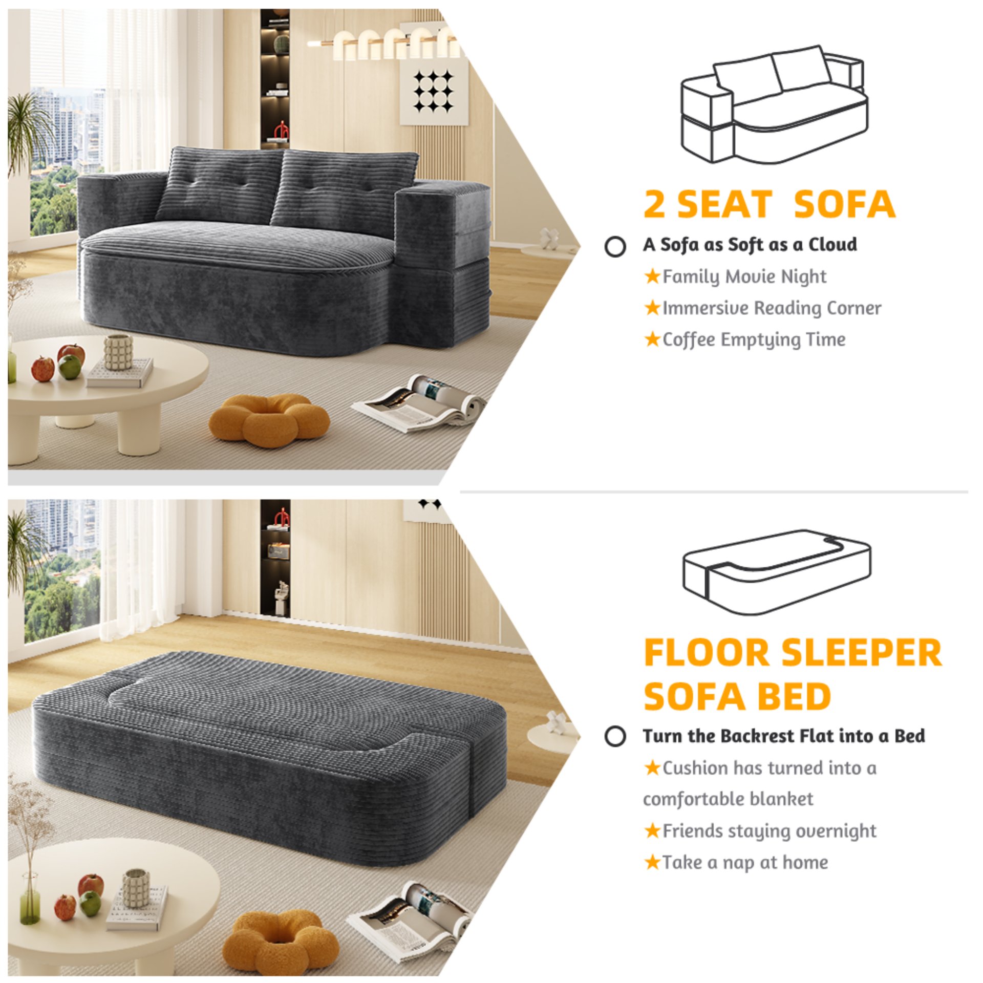 2 In 1 Foldable Sofa Plush Corduroy Sofa Convertible Floor Sofa Bed Deep Seating With Multi Functional Blanket Suitable For Living Rooms - Dark Gray - Image 16