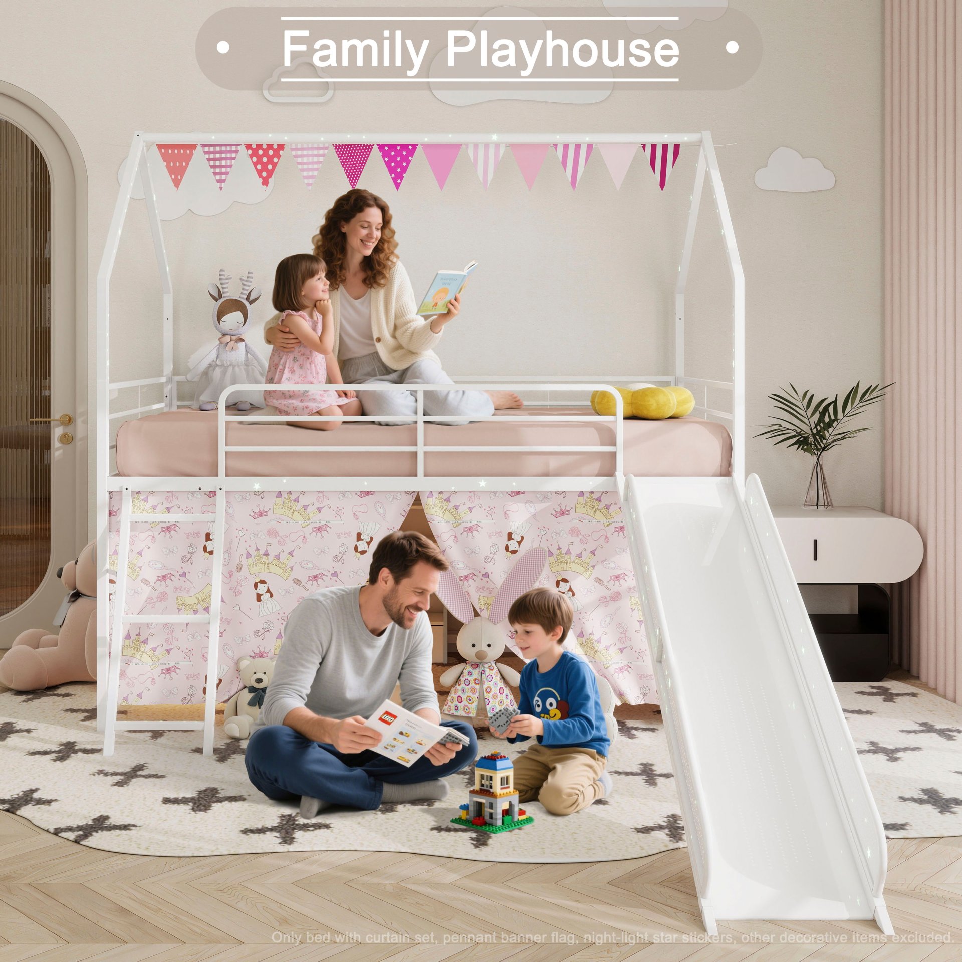 Jack - House Twin Loft Bed With Slide And Curtain Set - White / Pink - Image 13