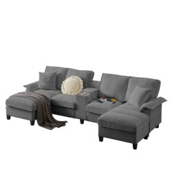 U Shaped Sectional Sofa Bed With Storage, 4 Seater, Features Cup Holders And Soft Foam Cushions - Gray